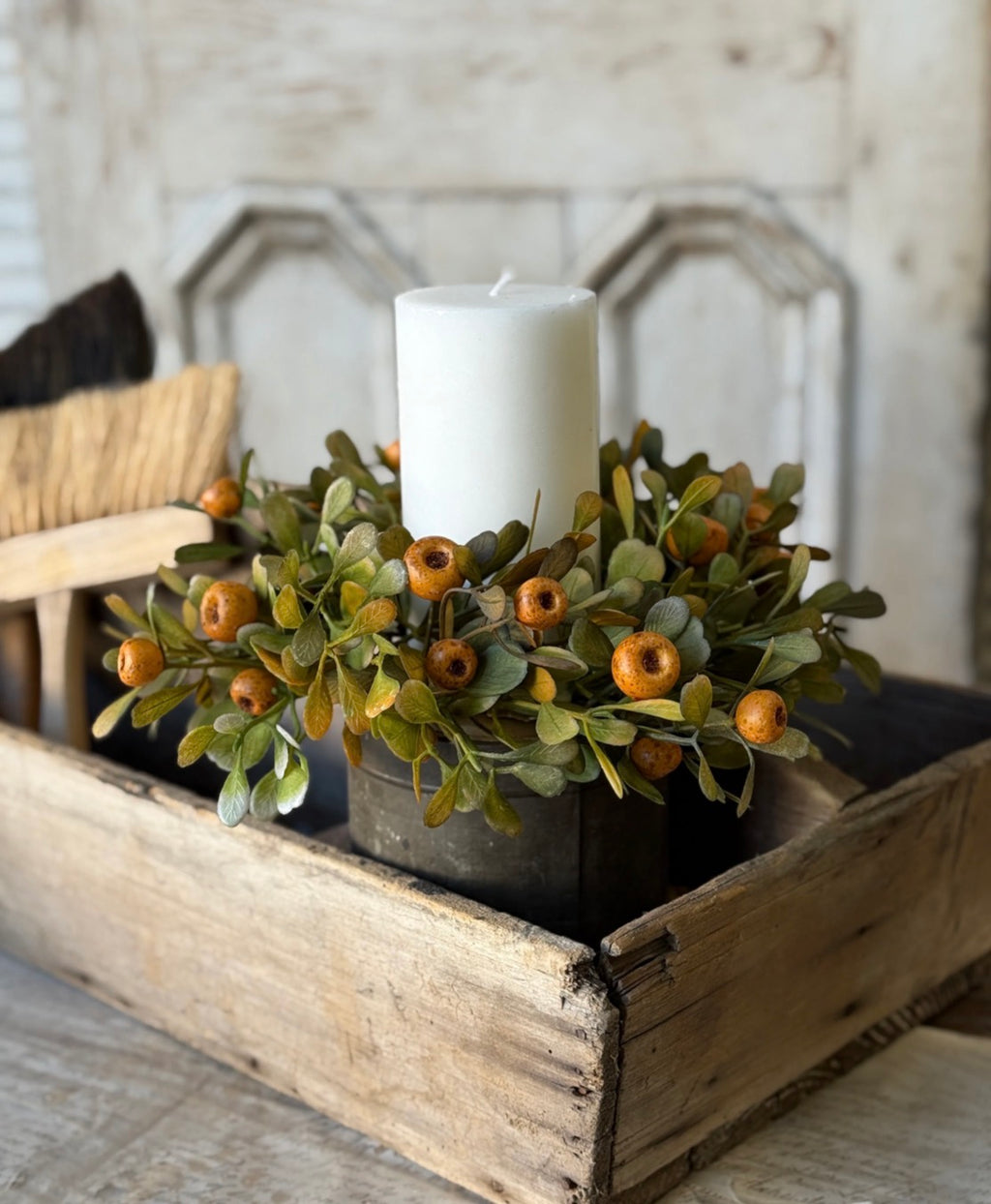 October Epilogue 10” Candle Ring Faux Boxwood Berry Fall Autumn Home Decor