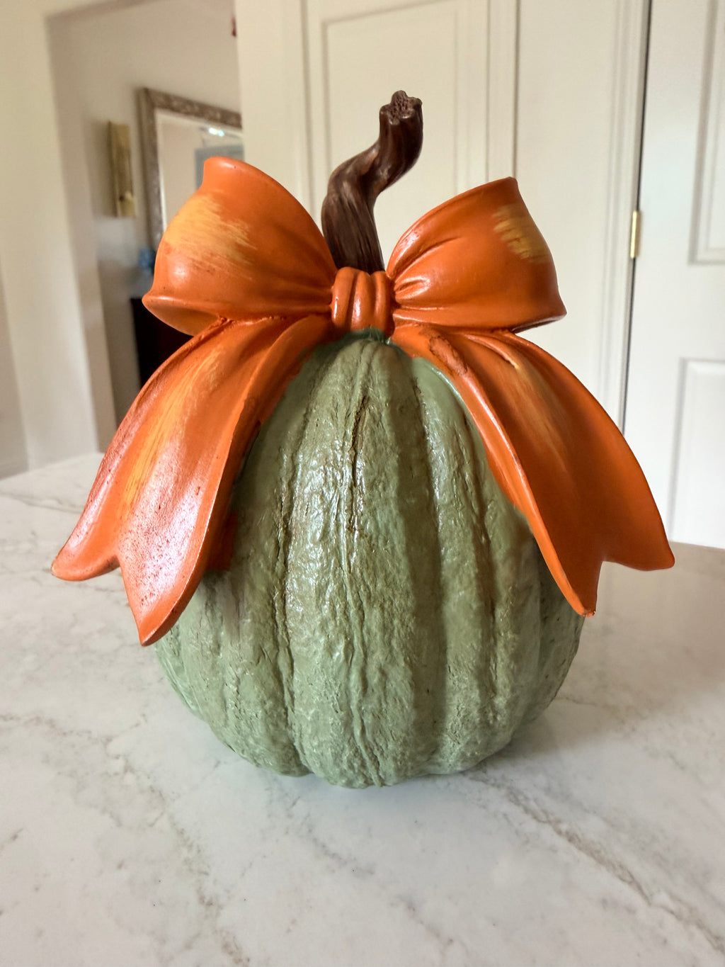 Green Pumpkin with Orange Bow 8” Farmhouse Fall Decor Textured Pumpkin Centerpiece Rustic Twig Stem Autumn Decoration