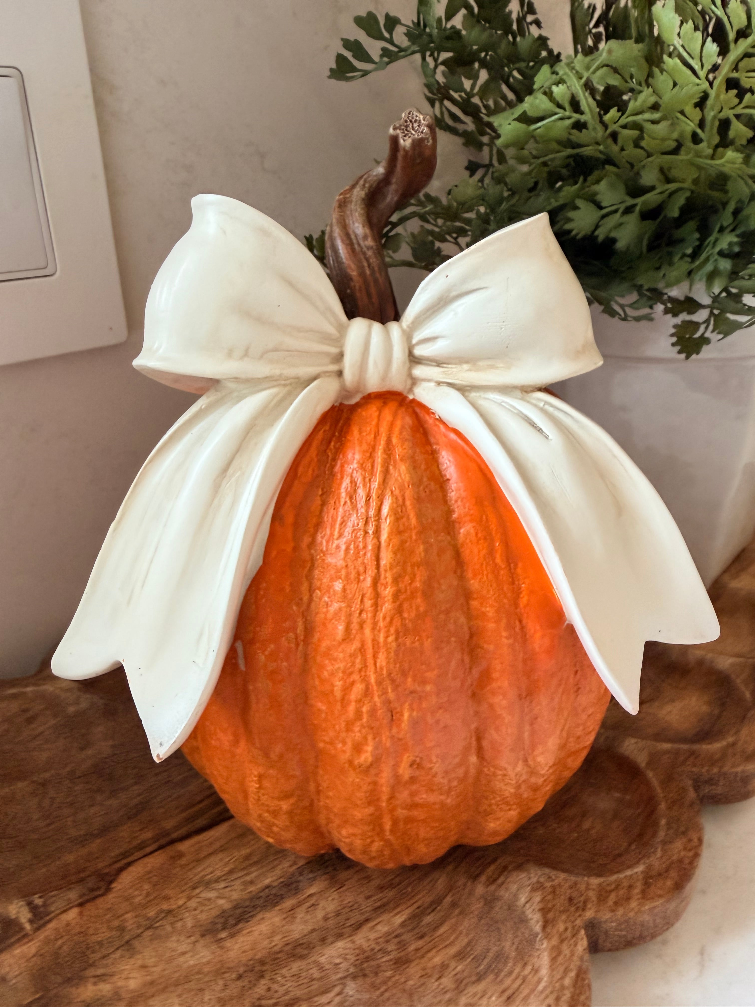 Orange Pumpkin with White Bow 8” Farmhouse Fall Decor Textured Pumpkin Centerpiece Rustic Twig Stem Autumn Decoration