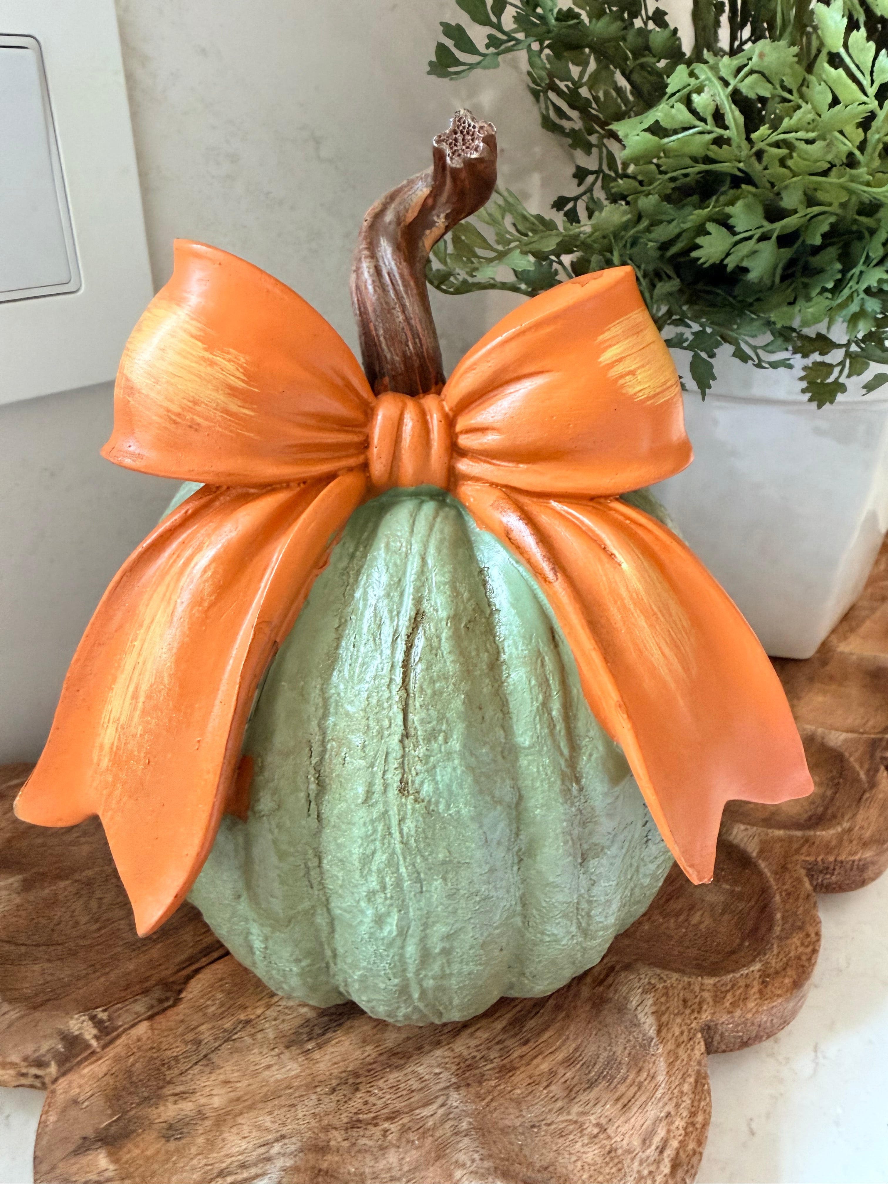 Green Pumpkin with Orange Bow 8” Farmhouse Fall Decor Textured Pumpkin Centerpiece Rustic Twig Stem Autumn Decoration
