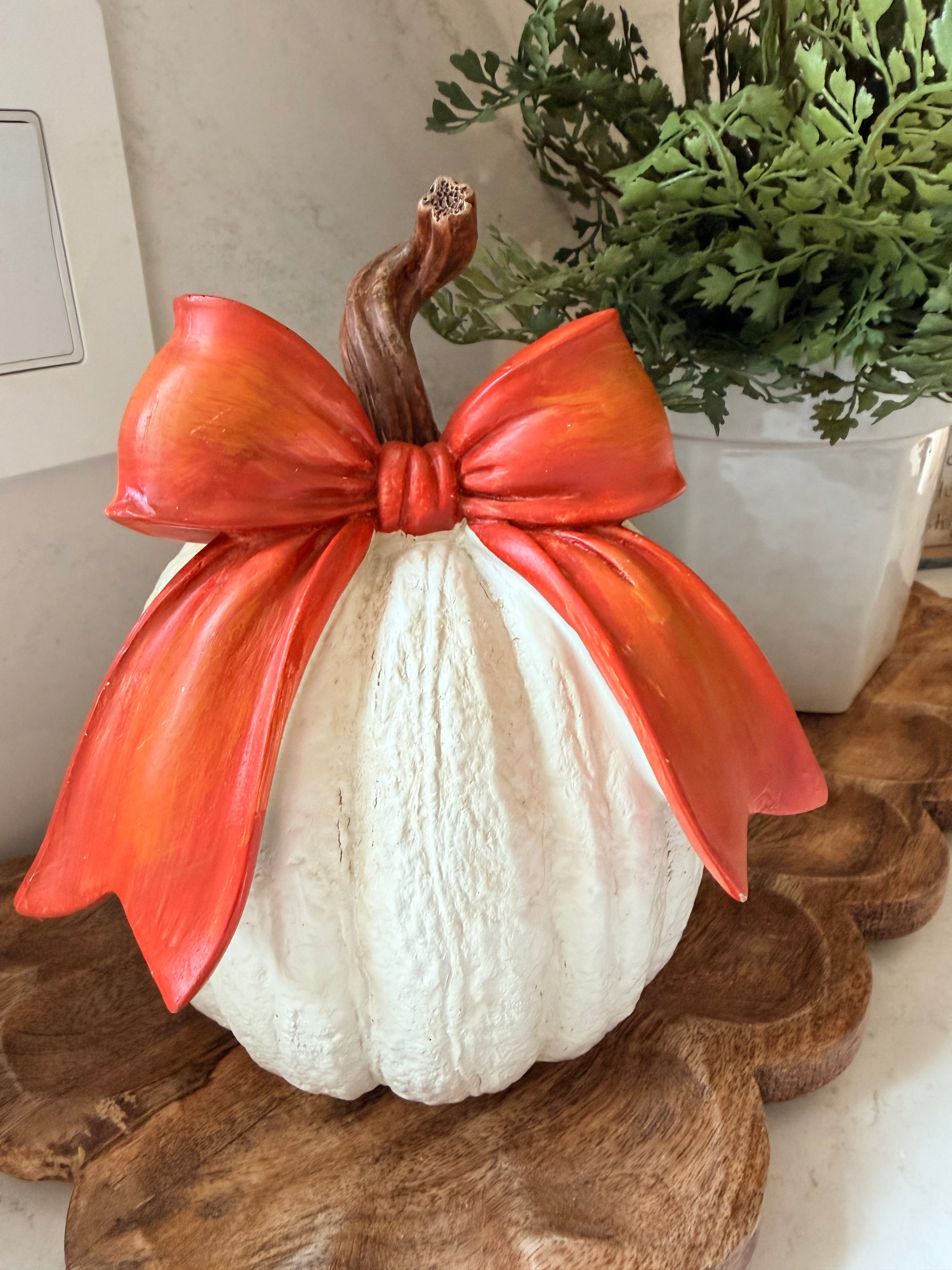 Cream Pumpkin Orange Bow 8” Tall Decorative Fall Accent Home Decor
