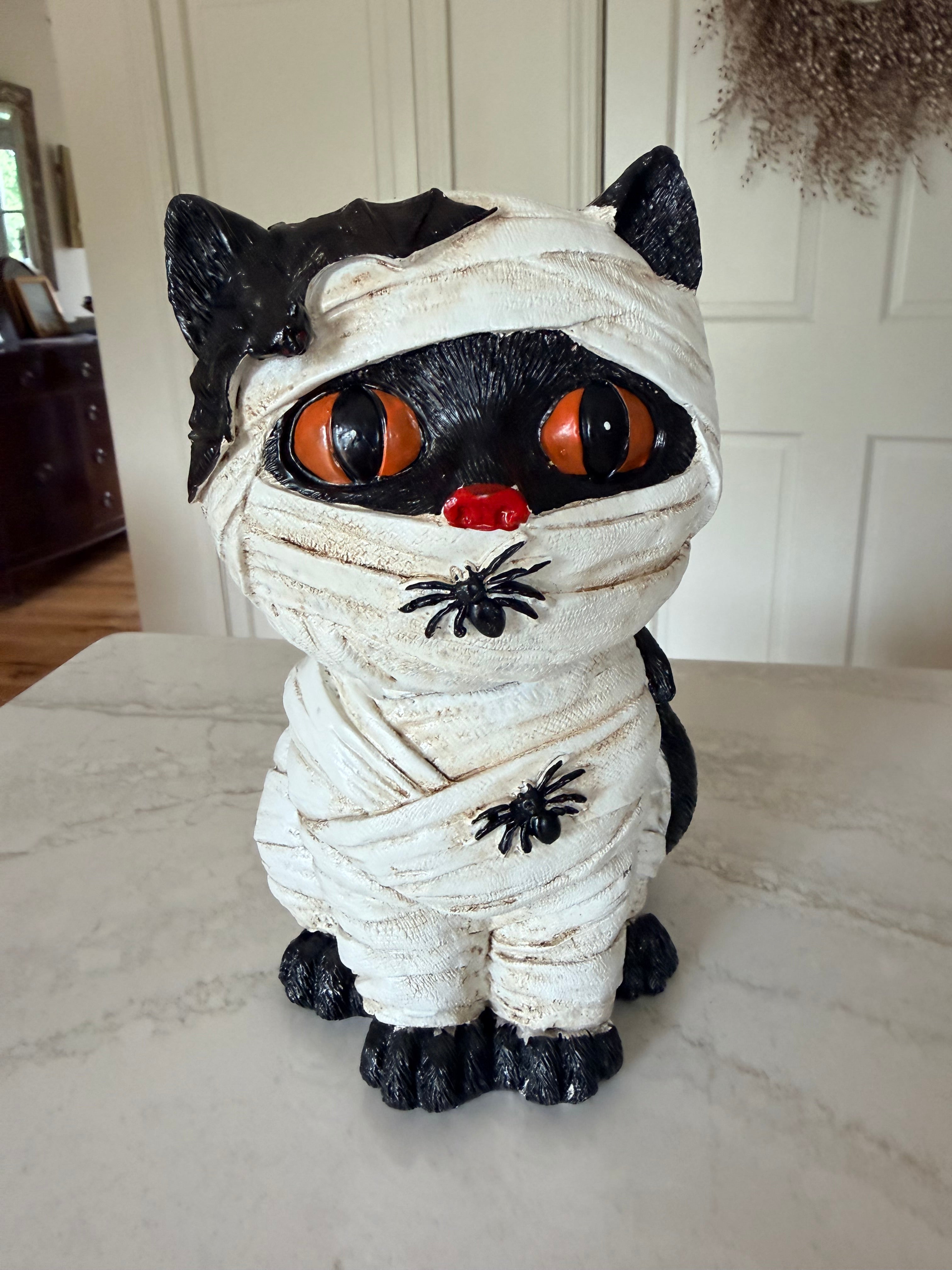 Mummy Black Cat Halloween Figure 10” Tall Spooky Cute Orange Eyes Gothic