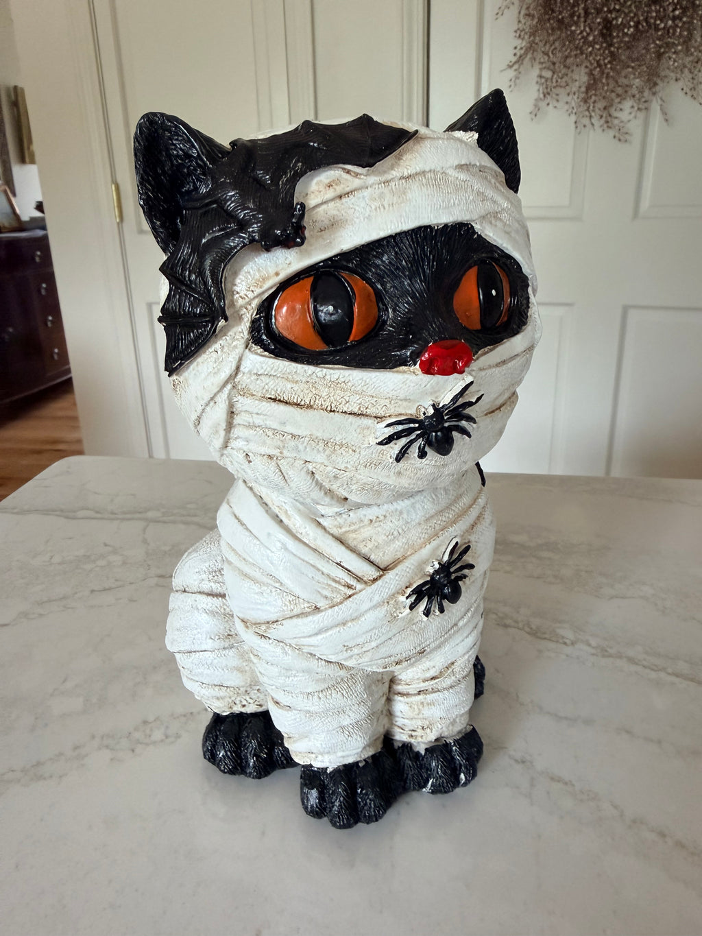 Mummy Black Cat Halloween Figure 10” Tall Spooky Cute Orange Eyes Gothic