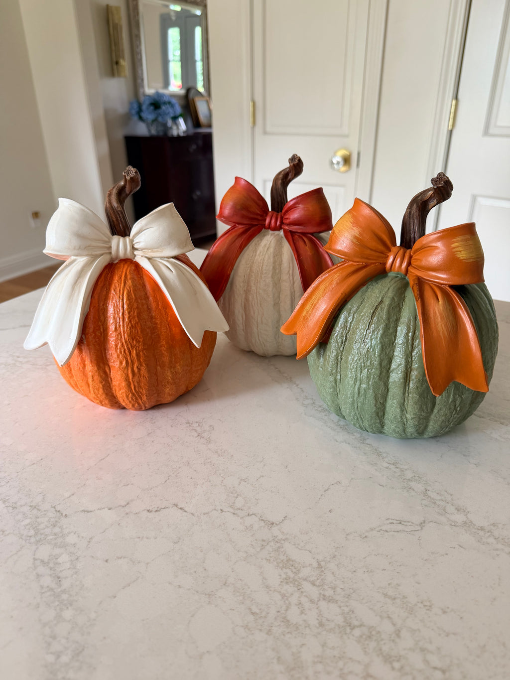 Green Pumpkin with Orange Bow 8” Farmhouse Fall Decor Textured Pumpkin Centerpiece Rustic Twig Stem Autumn Decoration
