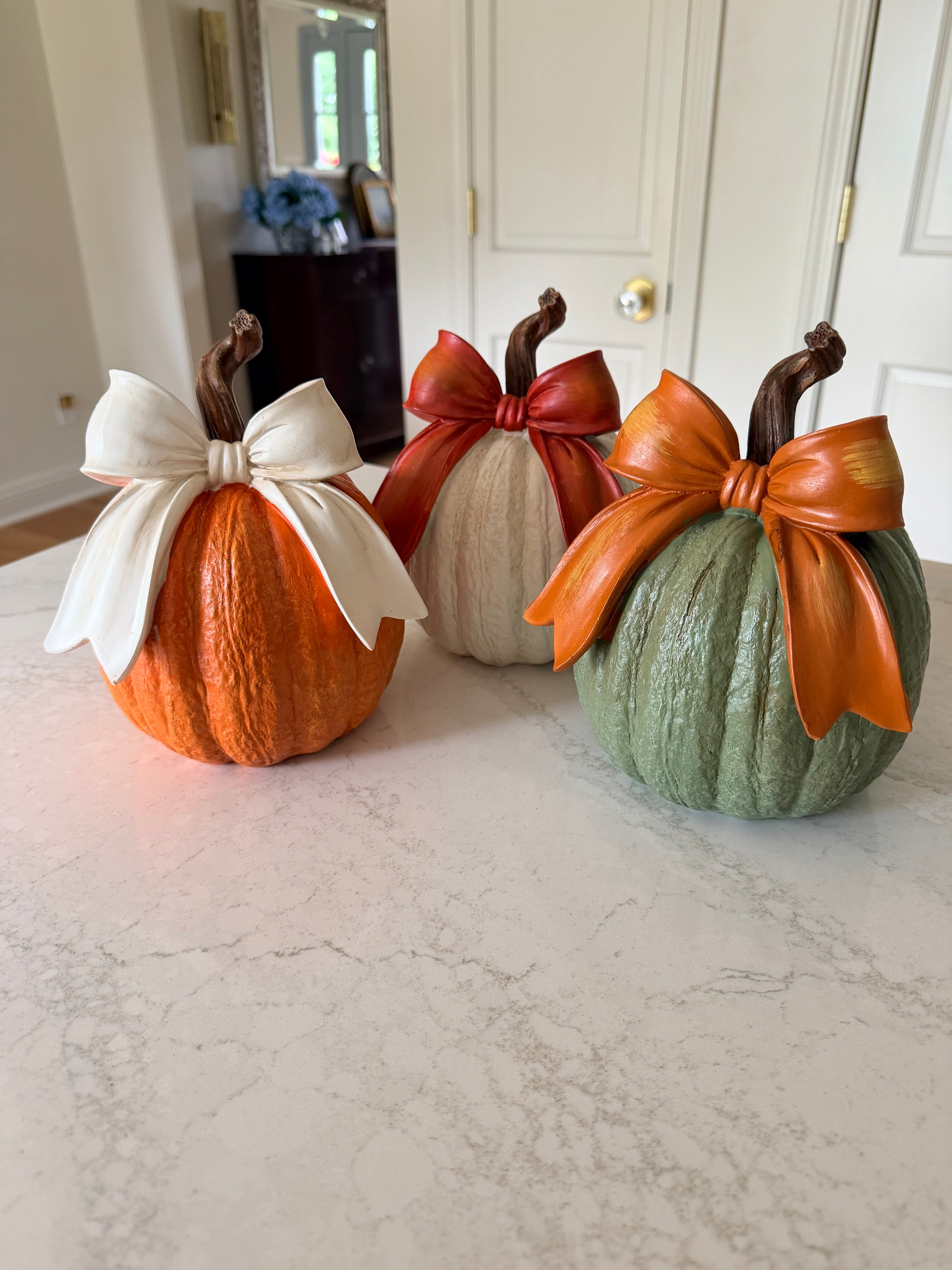 Green Pumpkin with Orange Bow 8” Farmhouse Fall Decor Textured Pumpkin Centerpiece Rustic Twig Stem Autumn Decoration