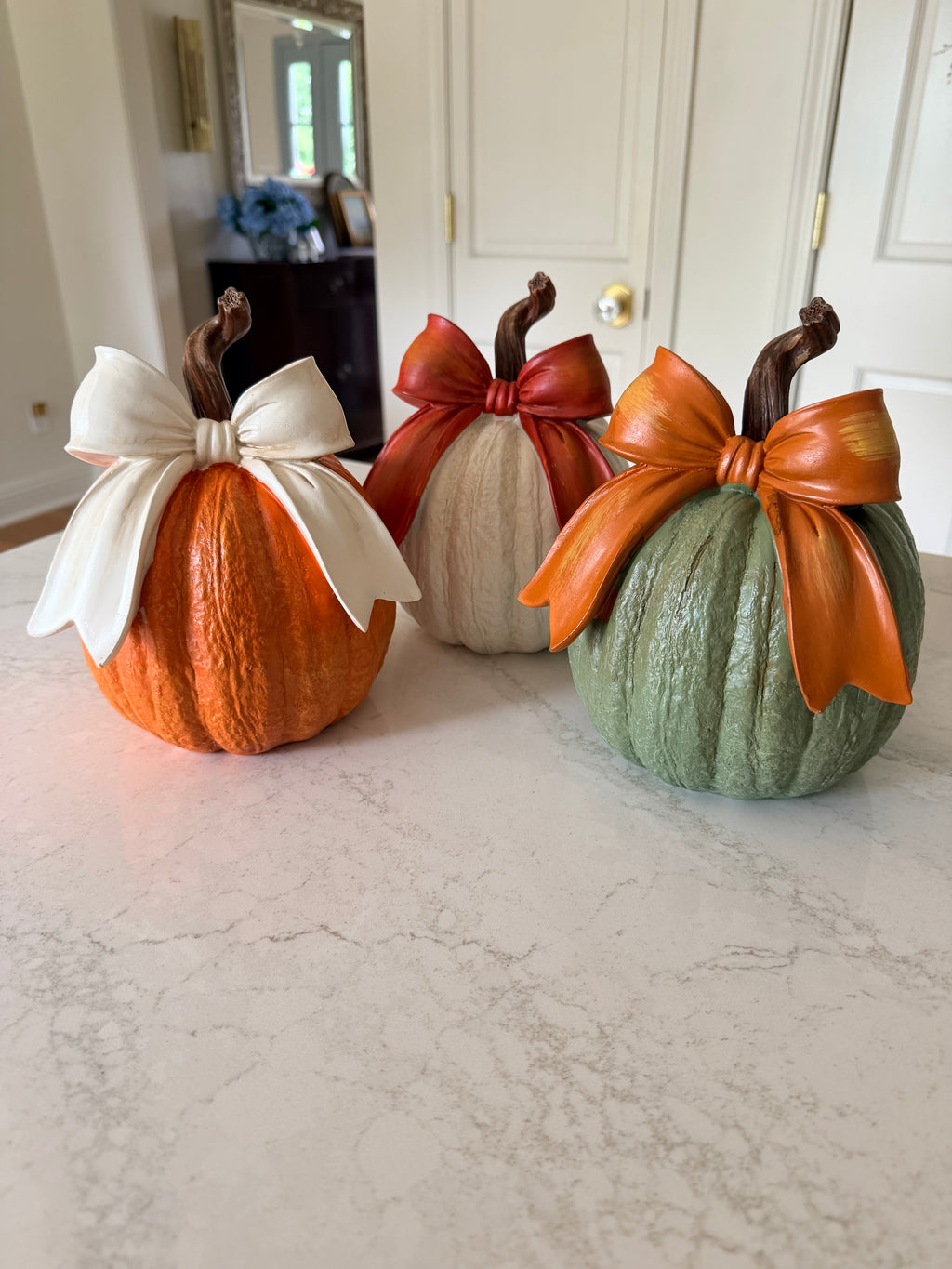 Orange Pumpkin with White Bow 8” Farmhouse Fall Decor Textured Pumpkin Centerpiece Rustic Twig Stem Autumn Decoration