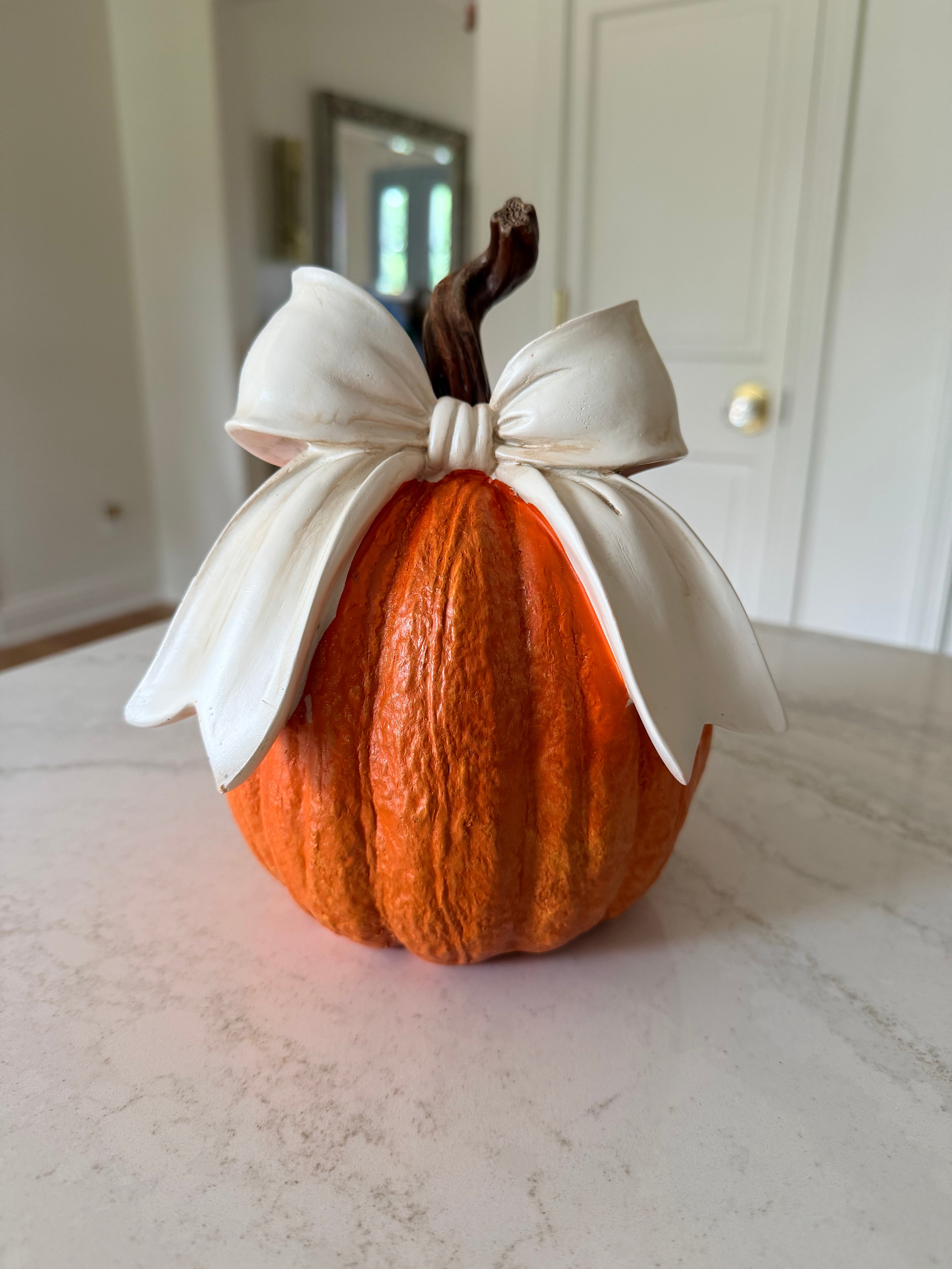 Orange Pumpkin with White Bow 8” Farmhouse Fall Decor Textured Pumpkin Centerpiece Rustic Twig Stem Autumn Decoration