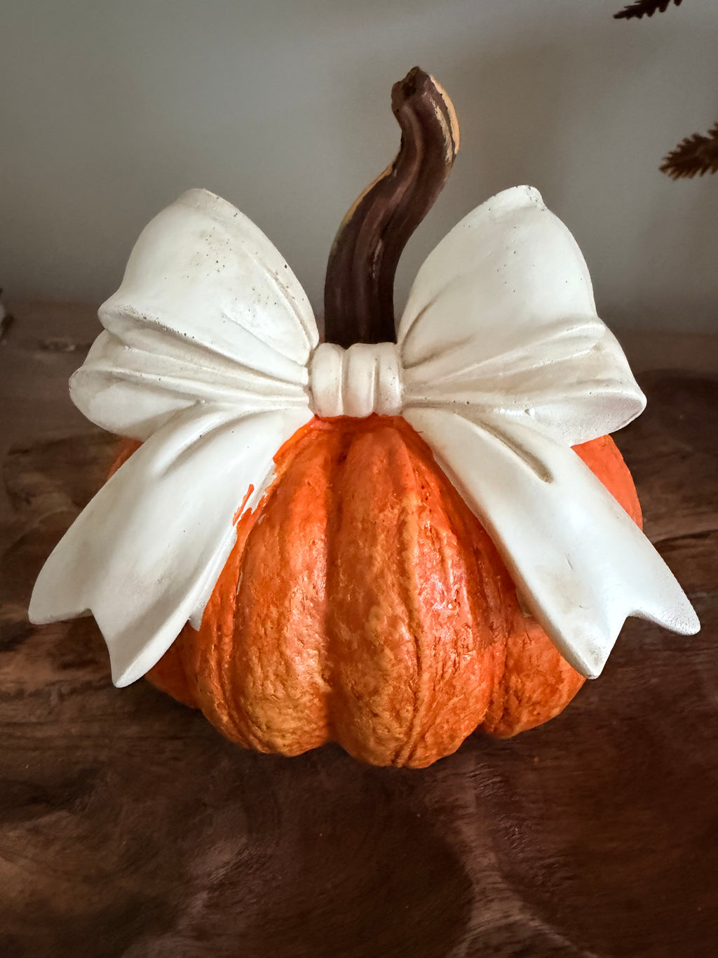 Small Orange Pumpkin with White Bow 6” Tall Farmhouse Fall Decor Textured Pumpkin Centerpiece