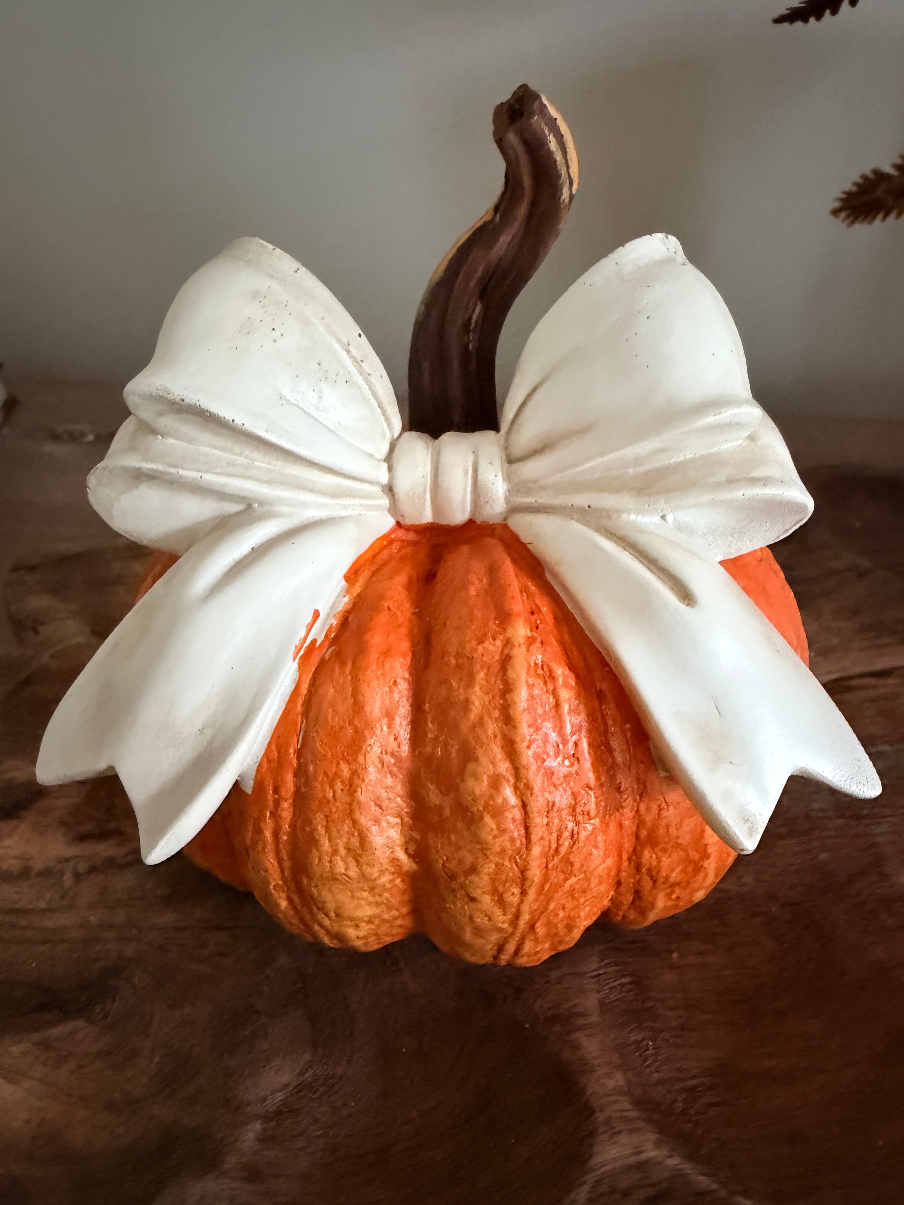 Small Orange Pumpkin with White Bow 6” Tall Farmhouse Fall Decor Textured Pumpkin Centerpiece