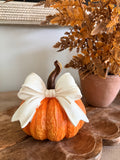 Small Orange Pumpkin with White Bow 6” Tall Farmhouse Fall Decor Textured Pumpkin Centerpiece