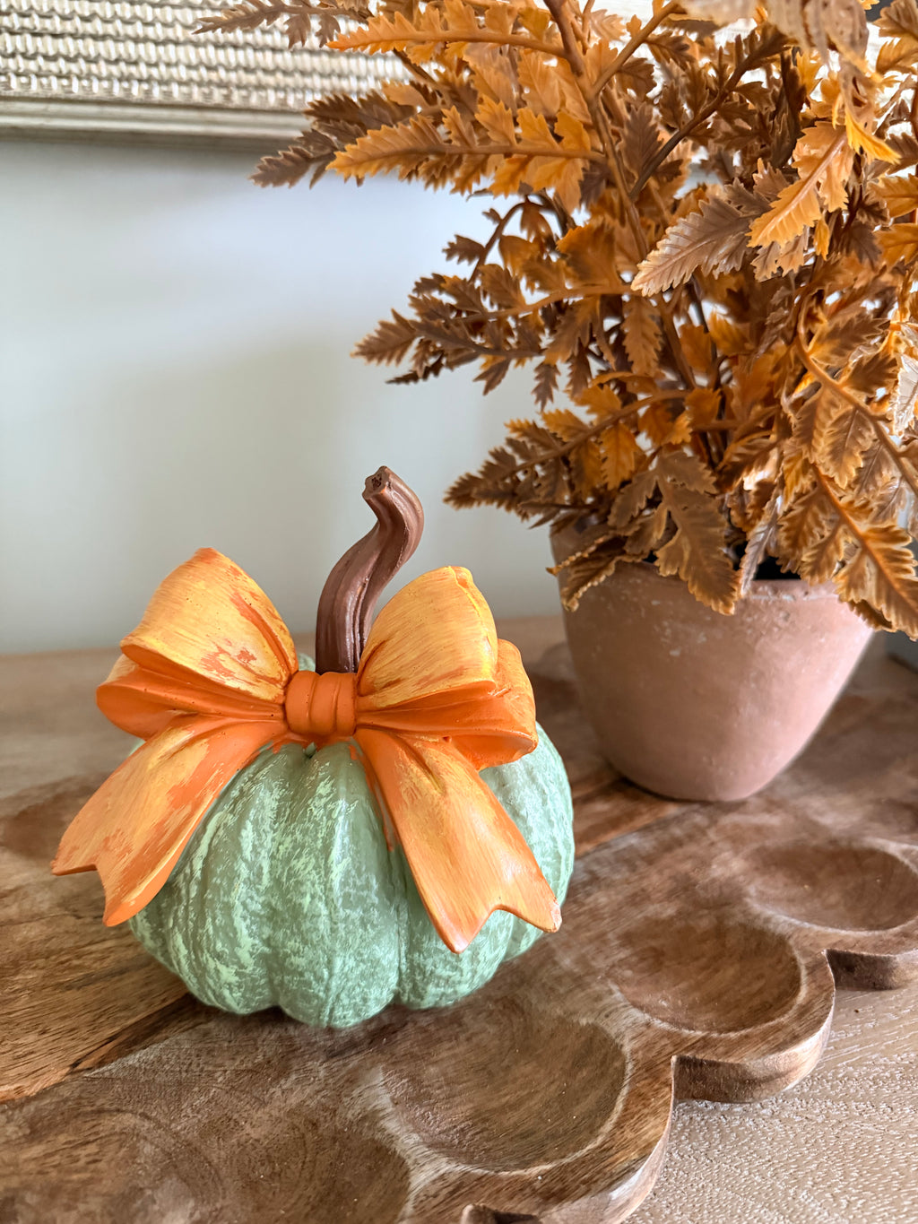 Small 6” Green Pumpkin with Orange Bow Farmhouse Fall Decor Textured Pumpkin Autumn Decoration