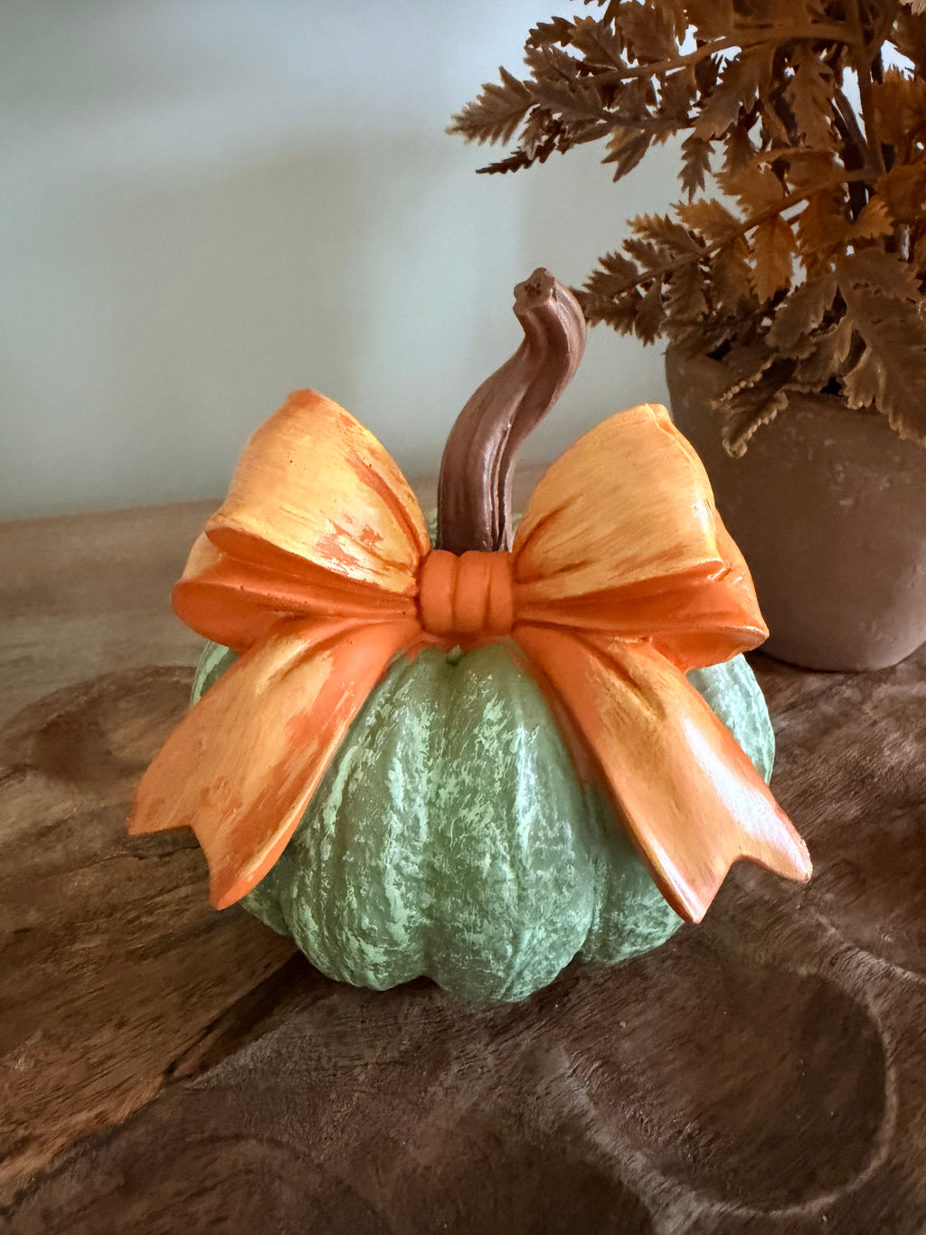 Small 6” Green Pumpkin with Orange Bow Farmhouse Fall Decor Textured Pumpkin Autumn Decoration
