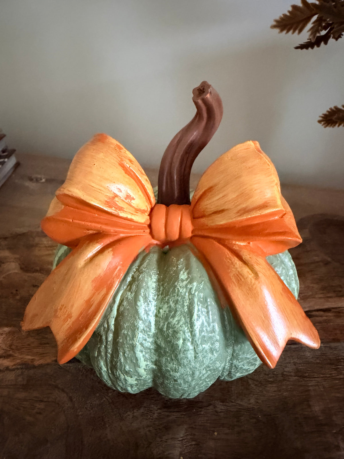 Small 6” Green Pumpkin with Orange Bow Farmhouse Fall Decor Textured Pumpkin Autumn Decoration
