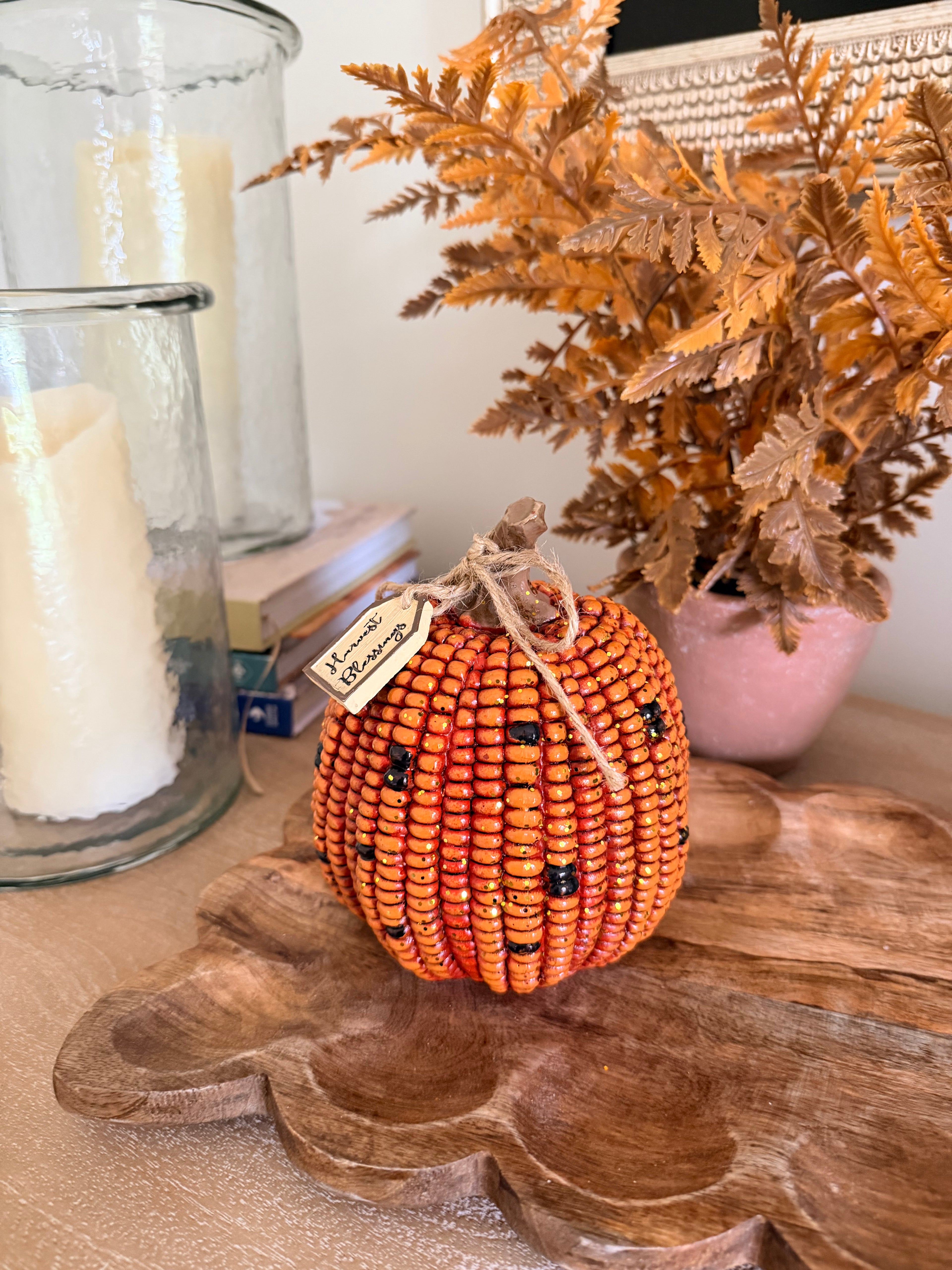 Harvest Blessings Medium 6” Tall Indian Corn Resin Orange Pumpkin Fall Autumn Home Decor Accent
