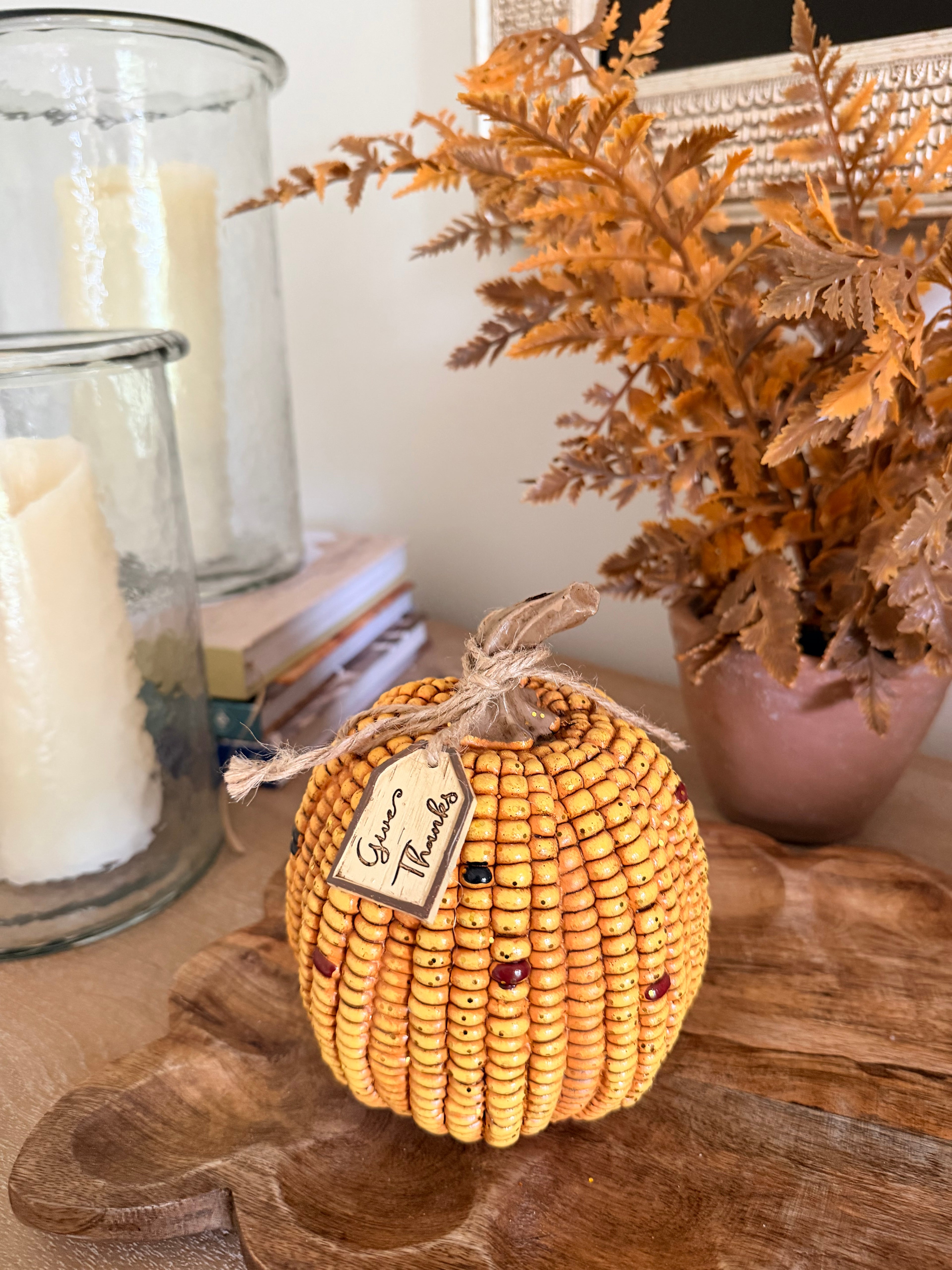 Give Thanks Indian Corn Medium 6” Tall Resin Yellow Pumpkin Fall Autumn Home Decor