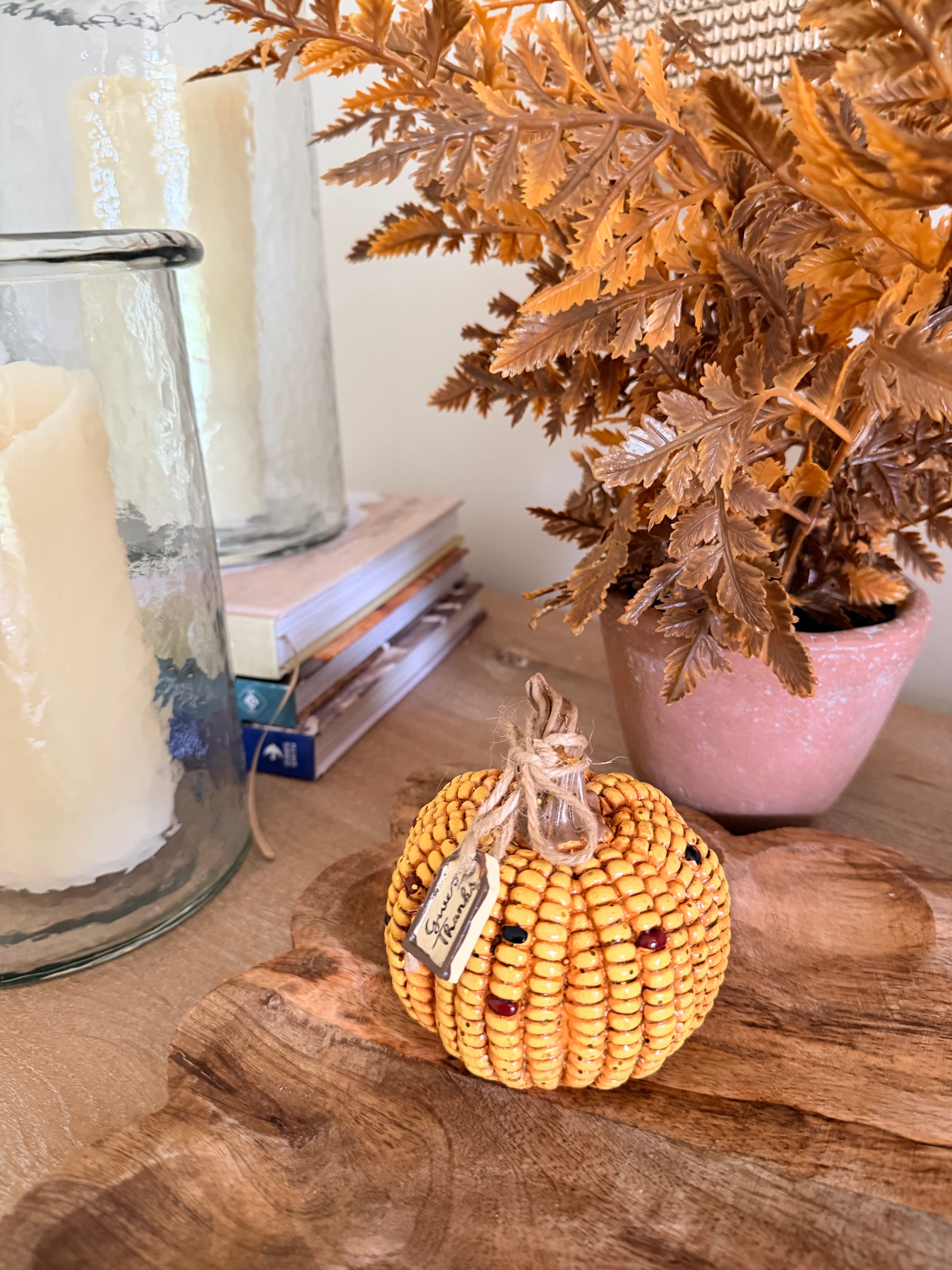 Give Thanks Indian Corn Small Mini 4” Tall Resin Yellow Pumpkin Fall Autumn Home Decor