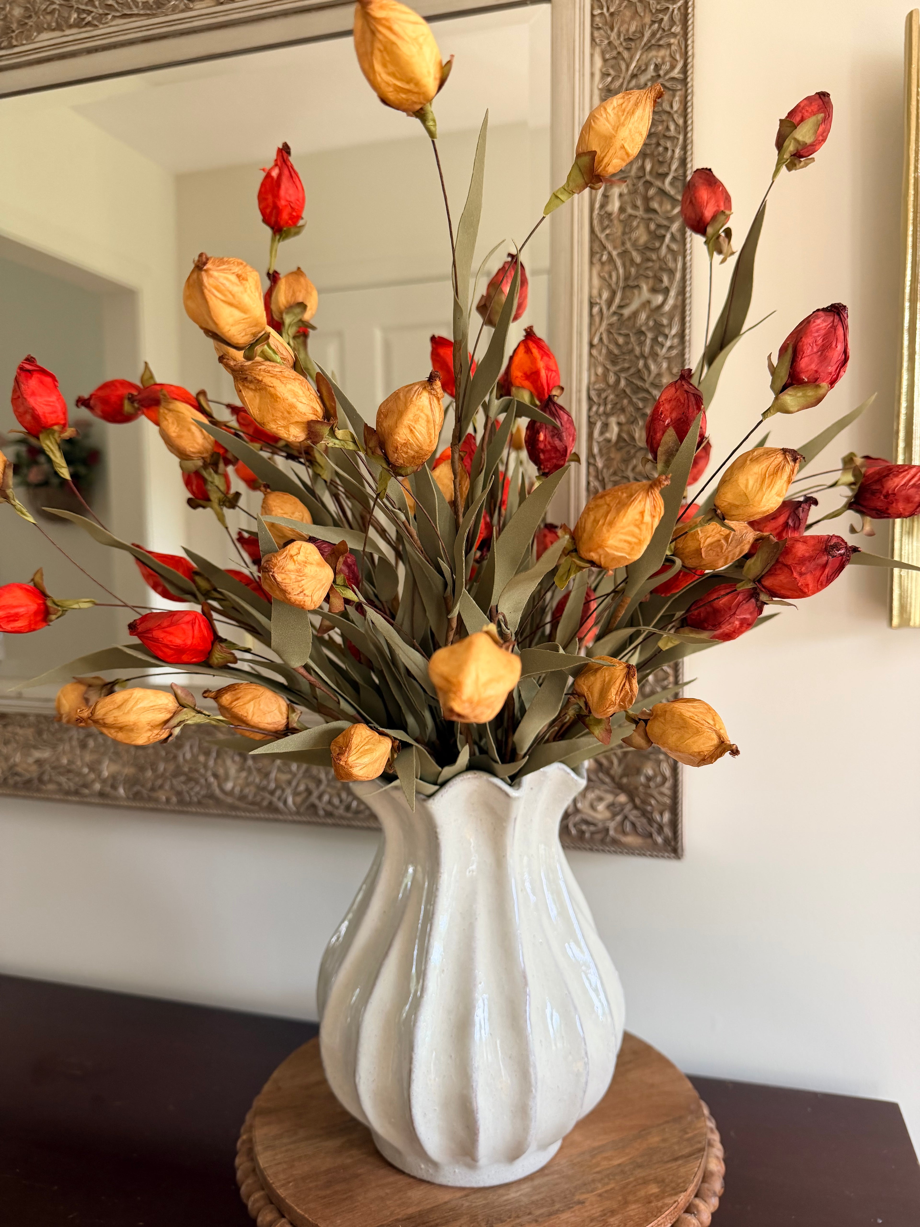 23” Flame Beacon Bush Faux Lantern Bud Stem Fall Autumn Farmhouse Floral Spray
