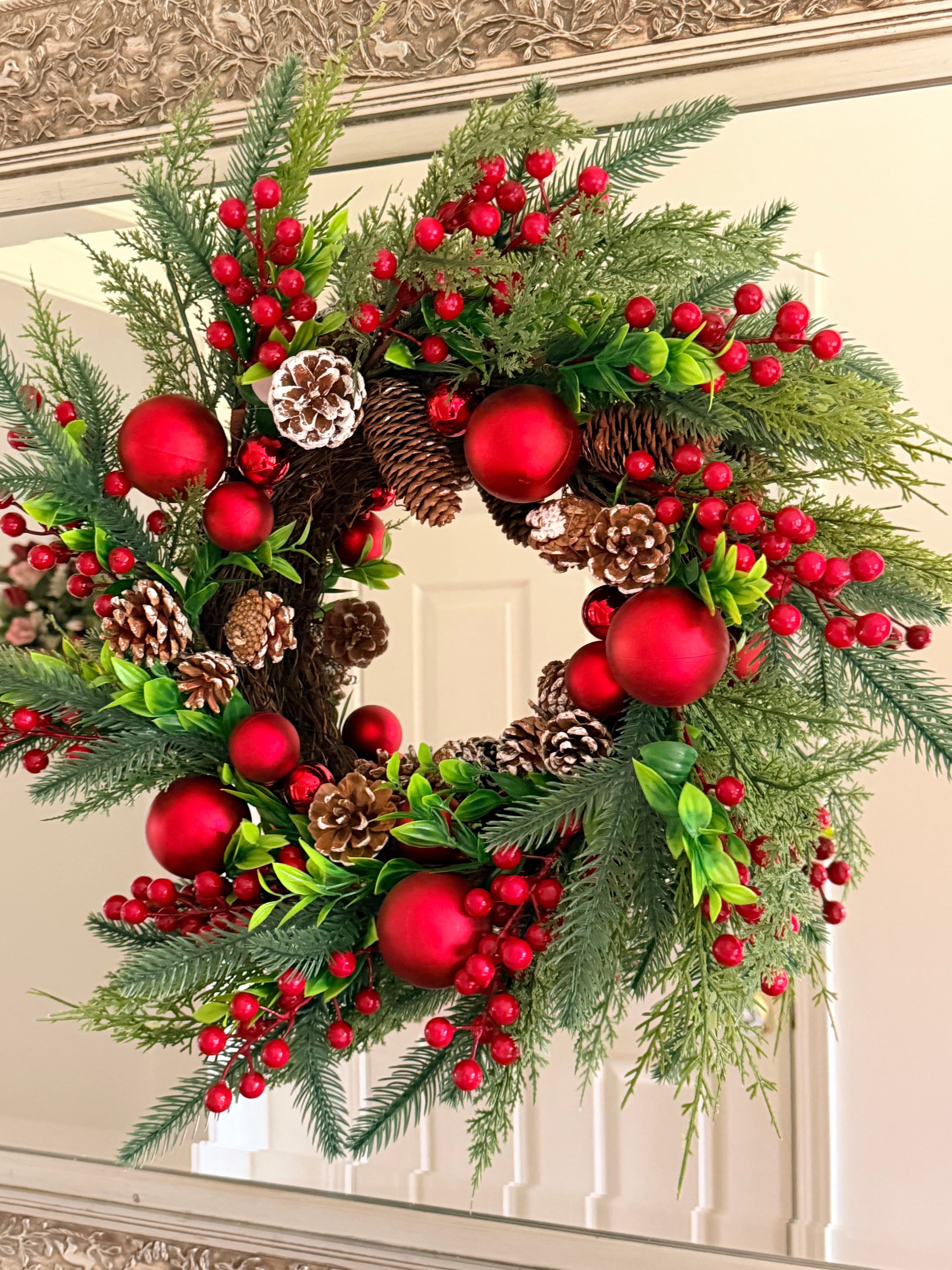 22” Christmas Wreath Red Ornaments & Pinecones Berry Holiday Traditional