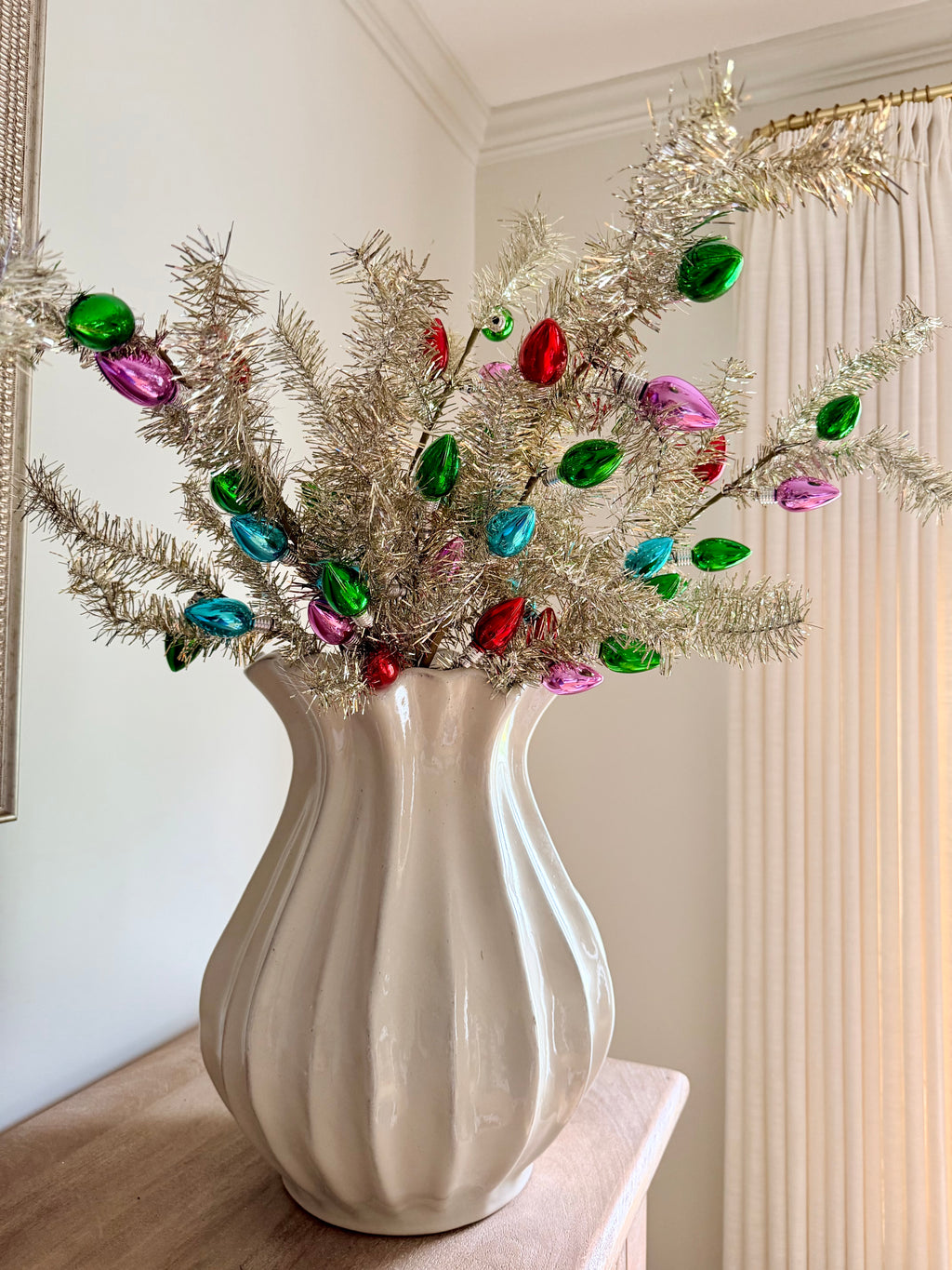 Vintage Style 30” Silver Tinsel Town Stems Branches Faux C9 Bulbs