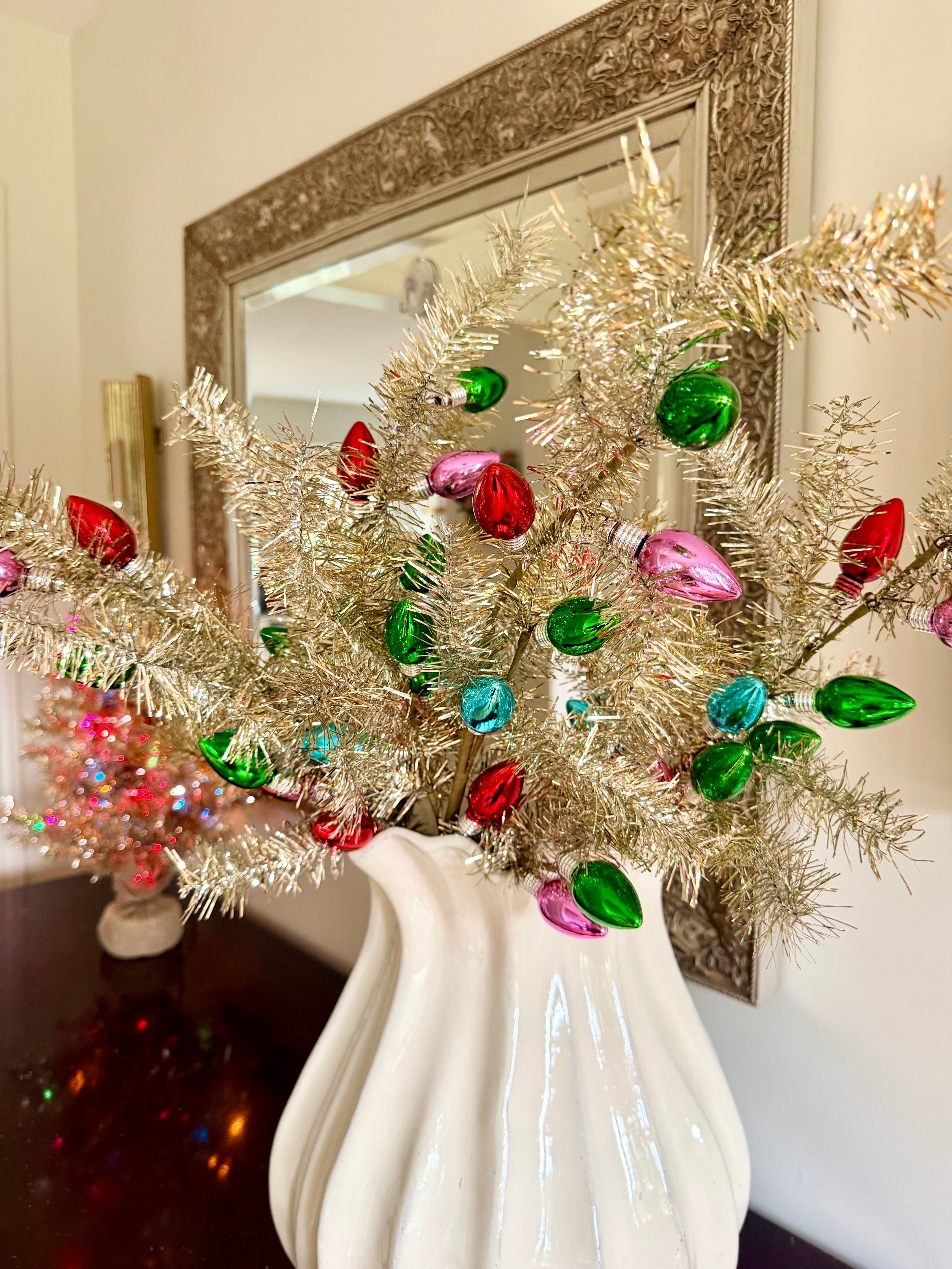 Vintage Style 30” Silver Tinsel Town Stems Branches Faux C9 Bulbs
