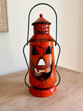 Vintage Style 11” Tall Halloween Pumpkin Jack O Lantern Rustic Metal Hanging
