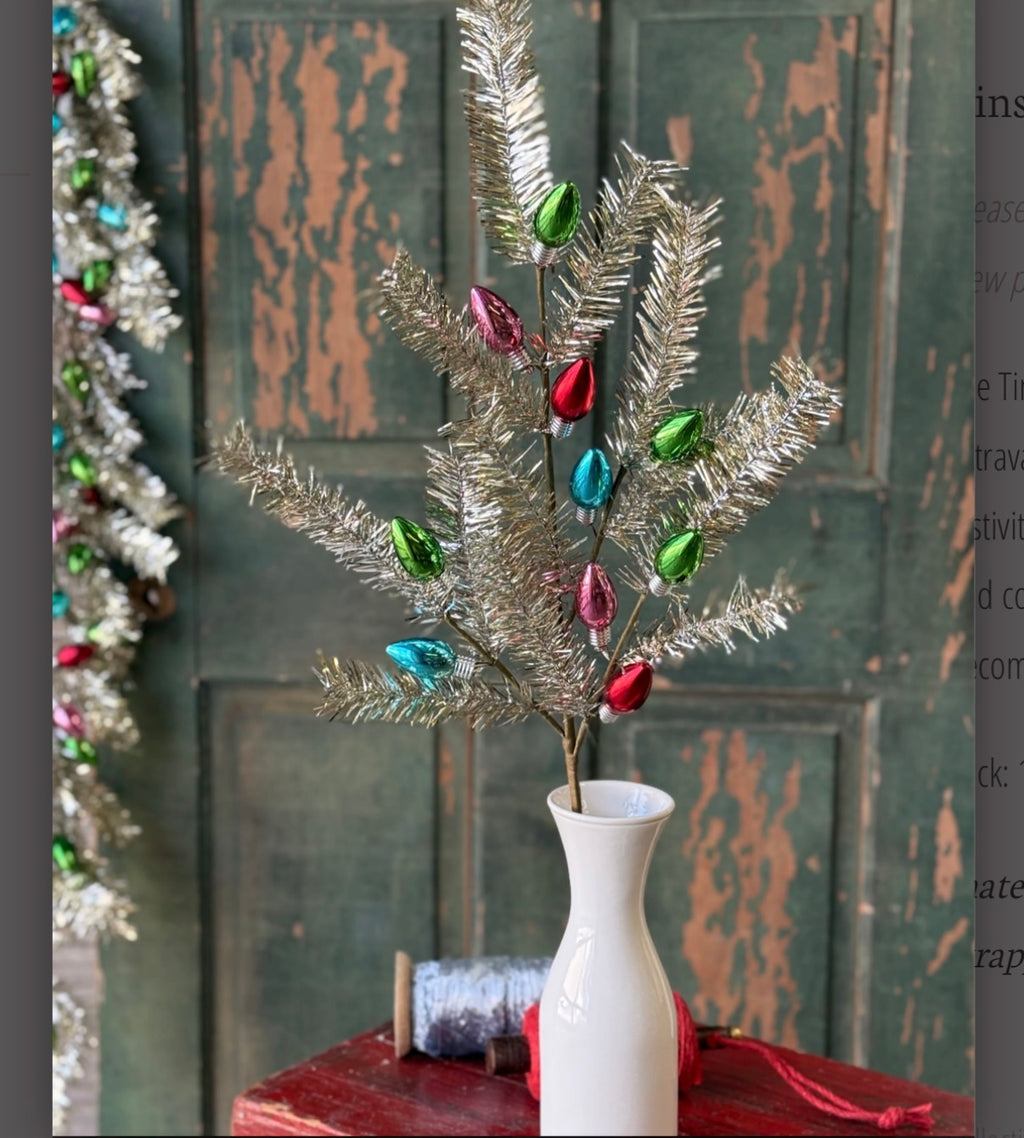 Vintage Style 30” Silver Tinsel Town Stems Branches Faux C9 Bulbs