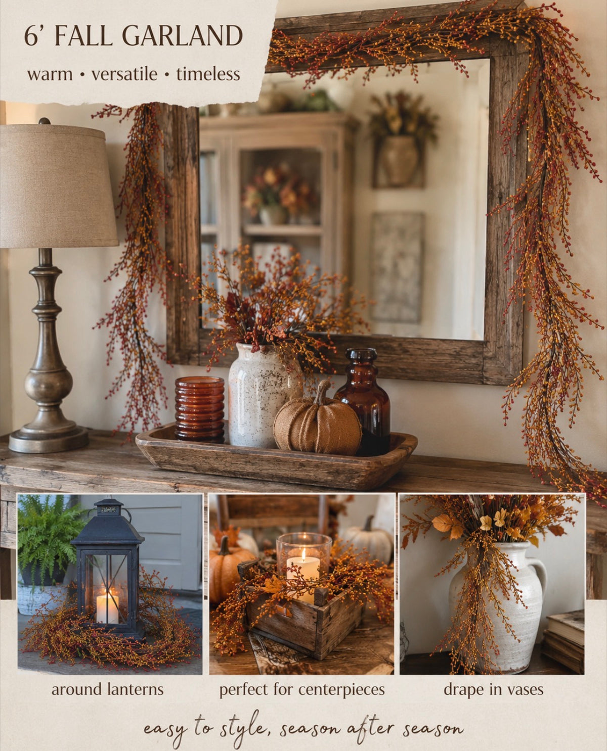 Torchlight Berries 6’ Fall Garland Autumn Primitive Farmhouse Home Decor