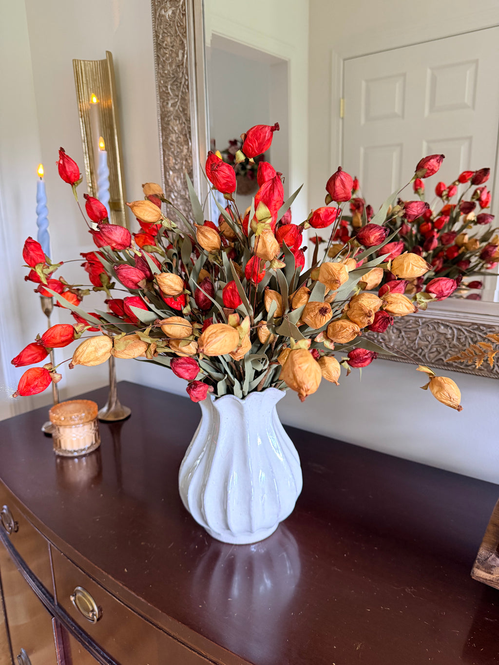 23” Flame Beacon Bush Faux Lantern Bud Stem Fall Autumn Farmhouse Floral Spray