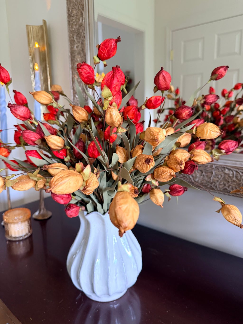23” Garnet Beacon Bush Faux Lantern Bud Stem Fall Autumn Farmhouse Floral Spray