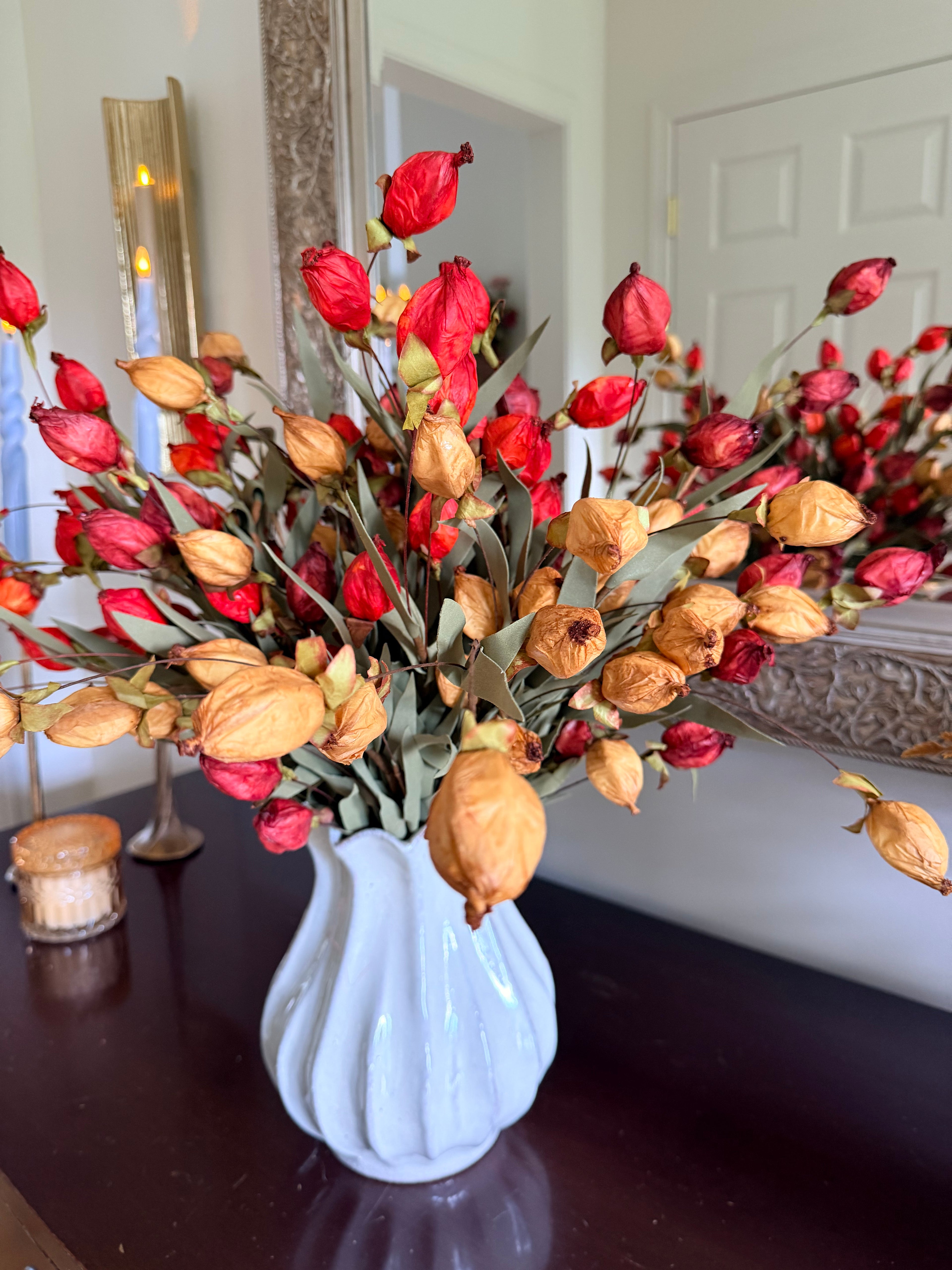 23” Garnet Beacon Bush Faux Lantern Bud Stem Fall Autumn Farmhouse Floral Spray