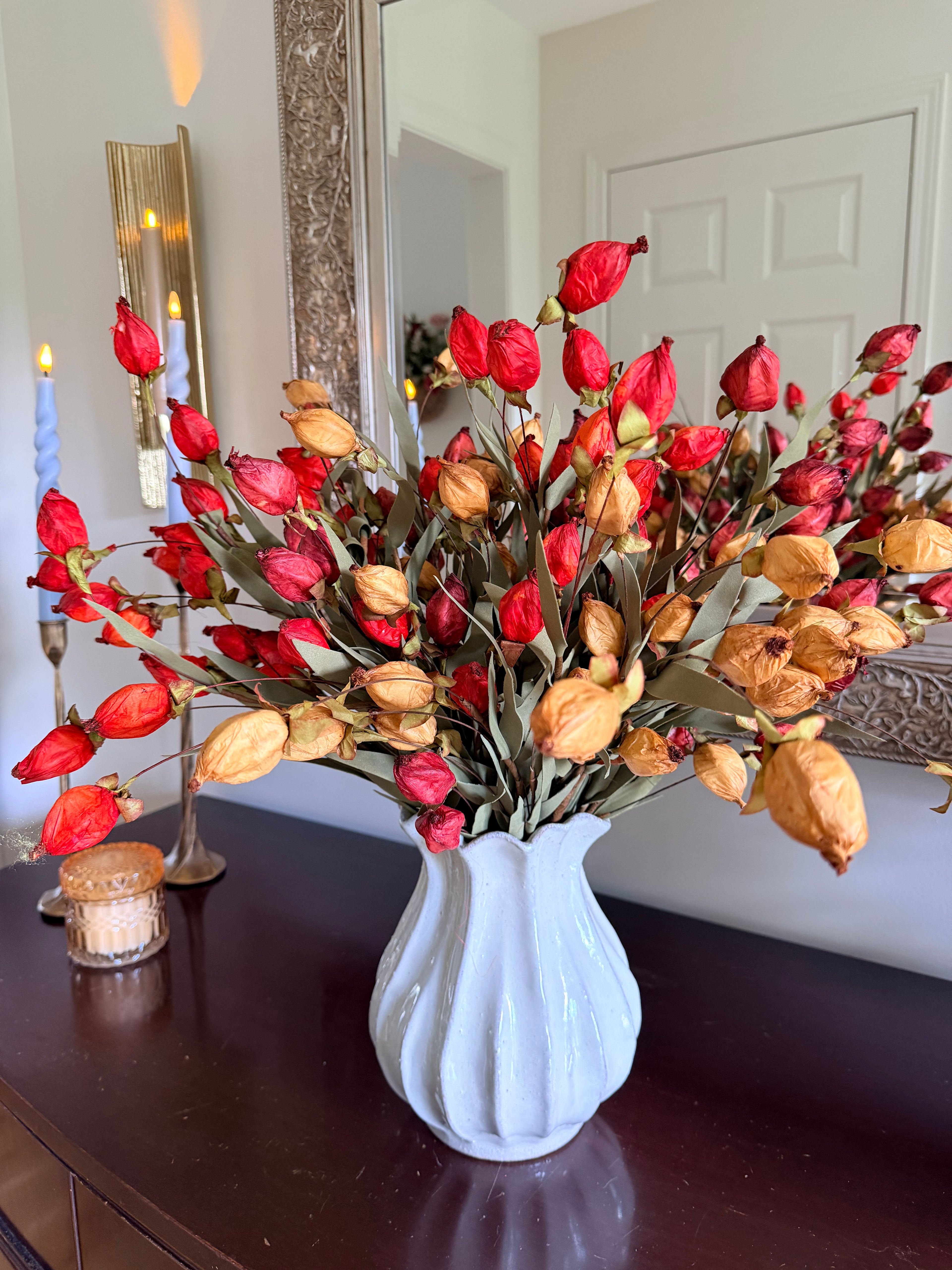 23” Garnet Beacon Bush Faux Lantern Bud Stem Fall Autumn Farmhouse Floral Spray