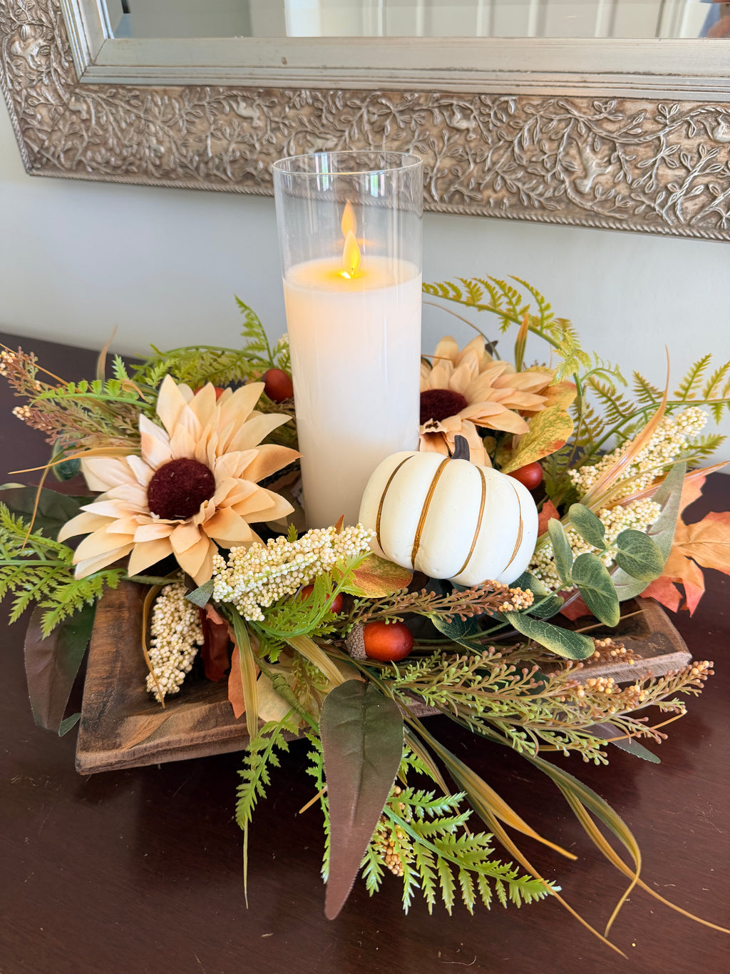 Neutral Sunflower Pumpkin Candle Ring 18” Fall Floral Wreath Centerpiece