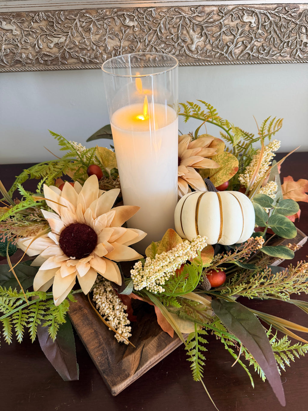 Neutral Sunflower Pumpkin Candle Ring 18” Fall Floral Wreath Centerpiece
