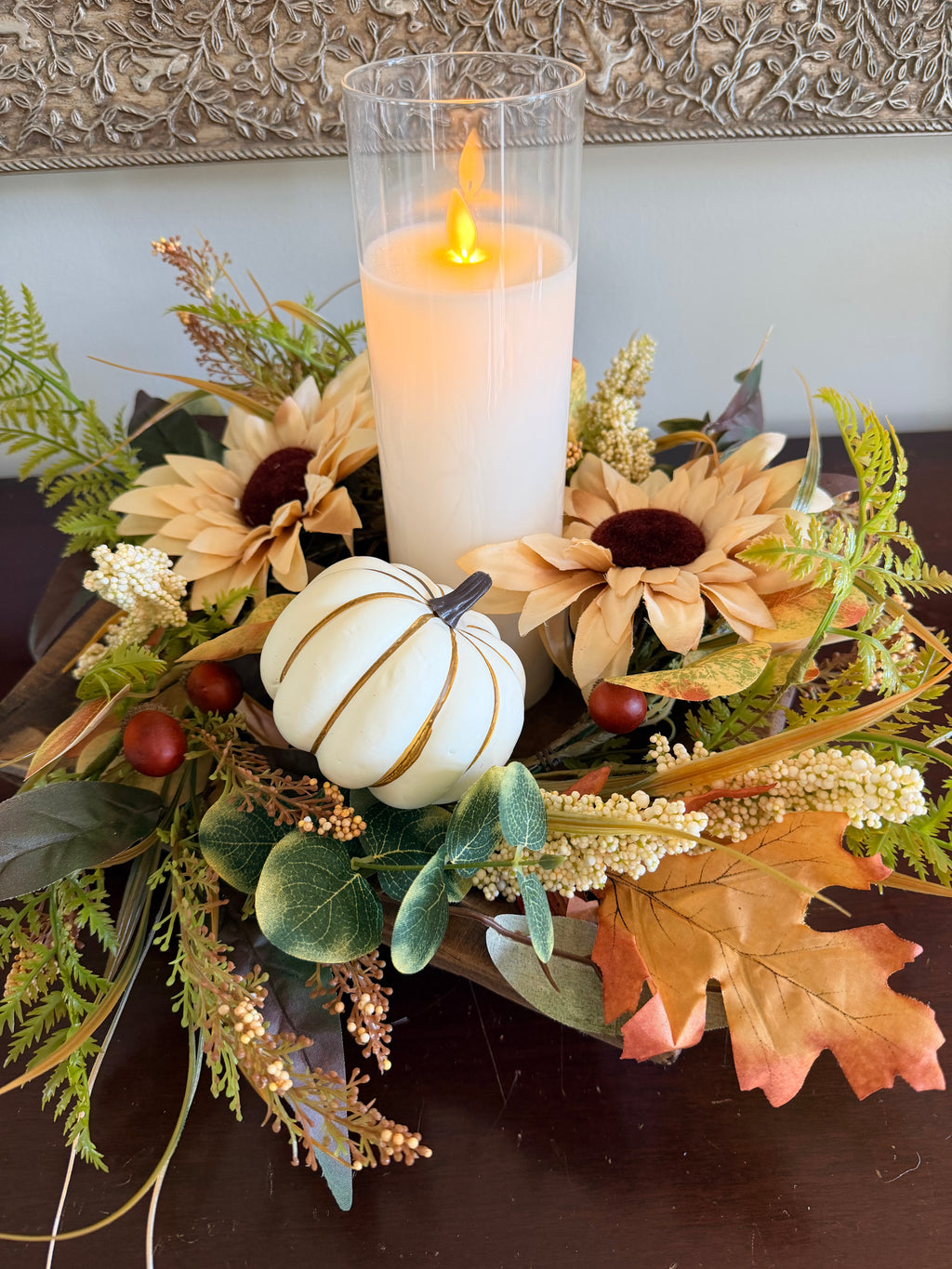 Neutral Sunflower Pumpkin Candle Ring 18” Fall Floral Wreath Centerpiece