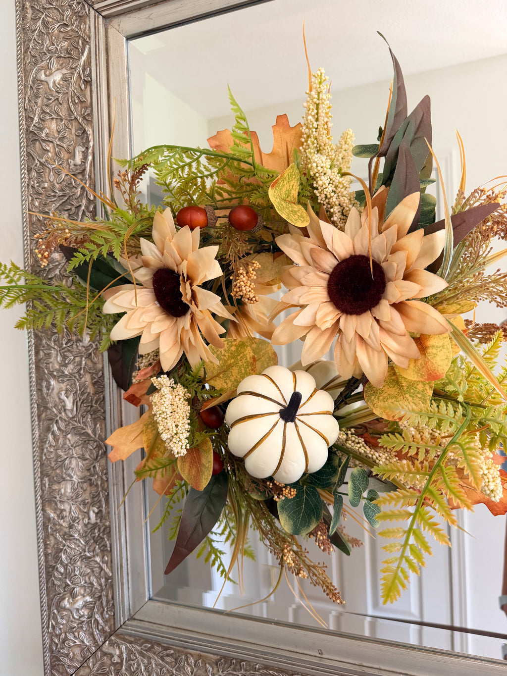 Neutral Sunflower Pumpkin Candle Ring 18” Fall Floral Wreath Centerpiece