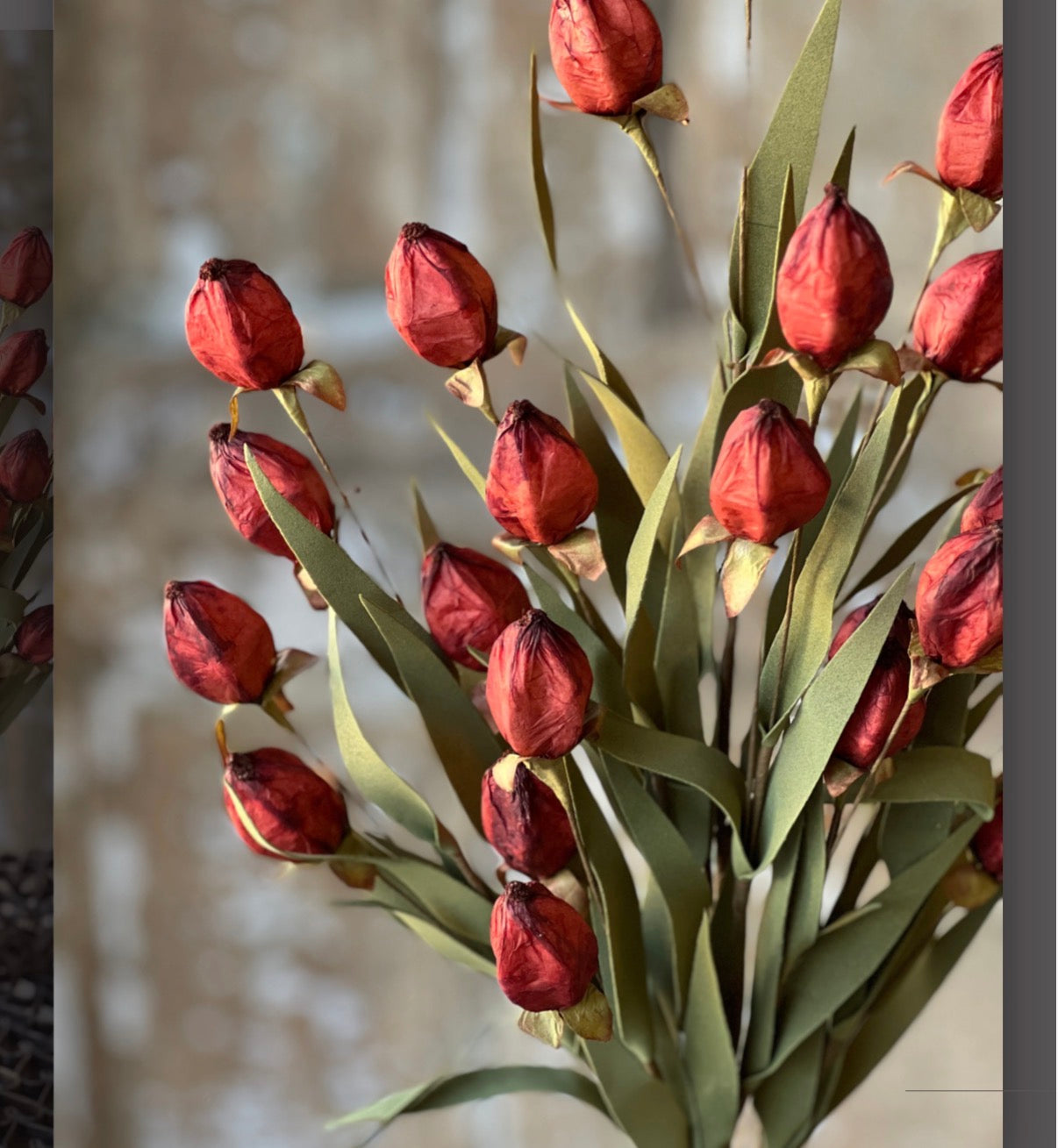 23” Garnet Beacon Bush Faux Lantern Bud Stem Fall Autumn Farmhouse Floral Spray