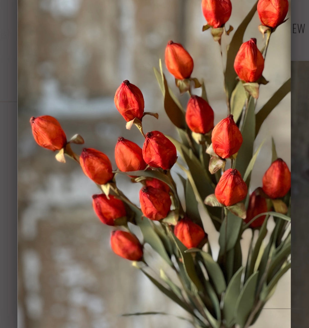 23” Flame Beacon Bush Faux Lantern Bud Stem Fall Autumn Farmhouse Floral Spray