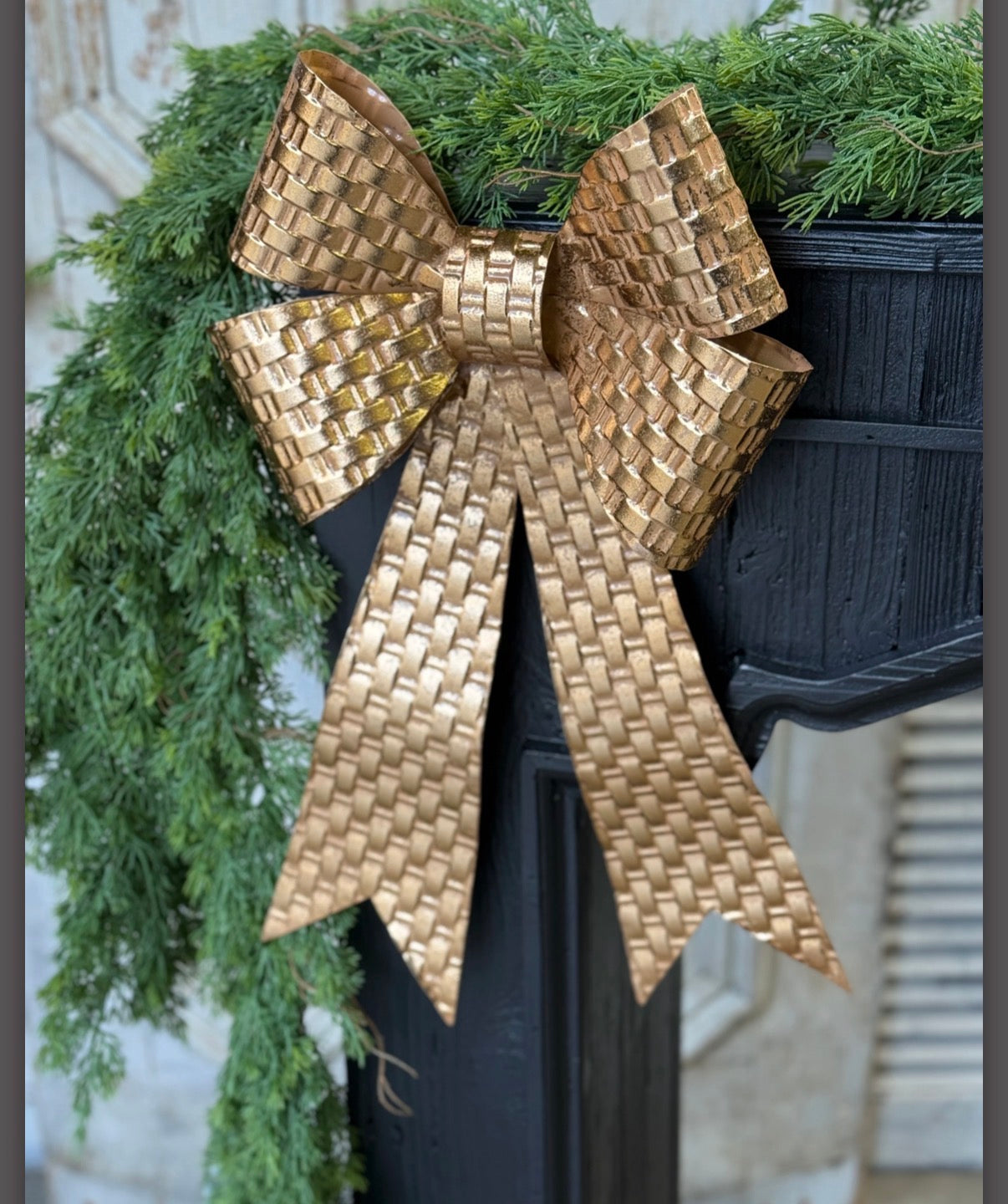 19” Gold Hammered Metal Texture Large Bow Christmas Door Accent Holiday
