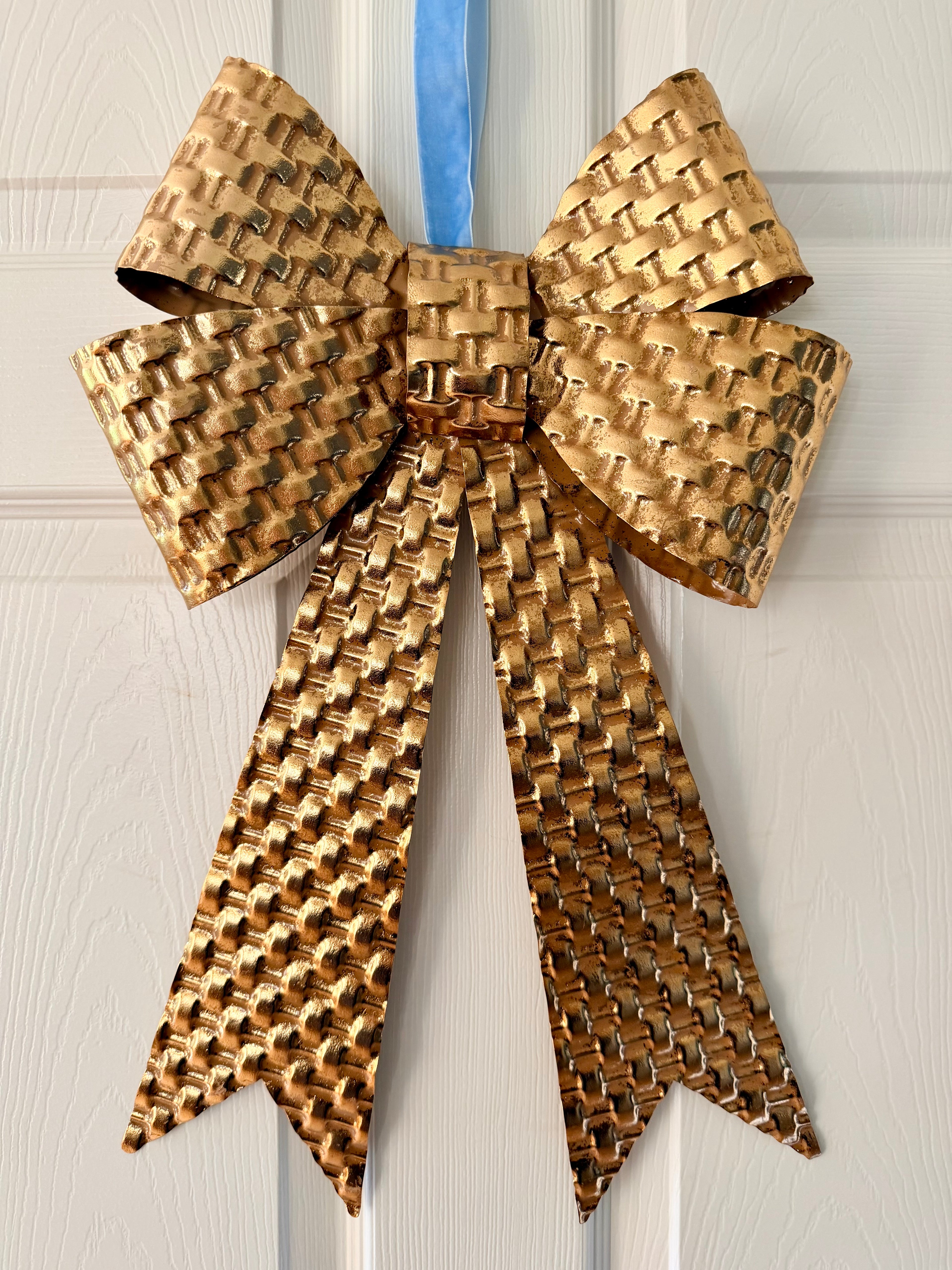 19” Gold Hammered Metal Texture Large Bow Christmas Door Accent Holiday