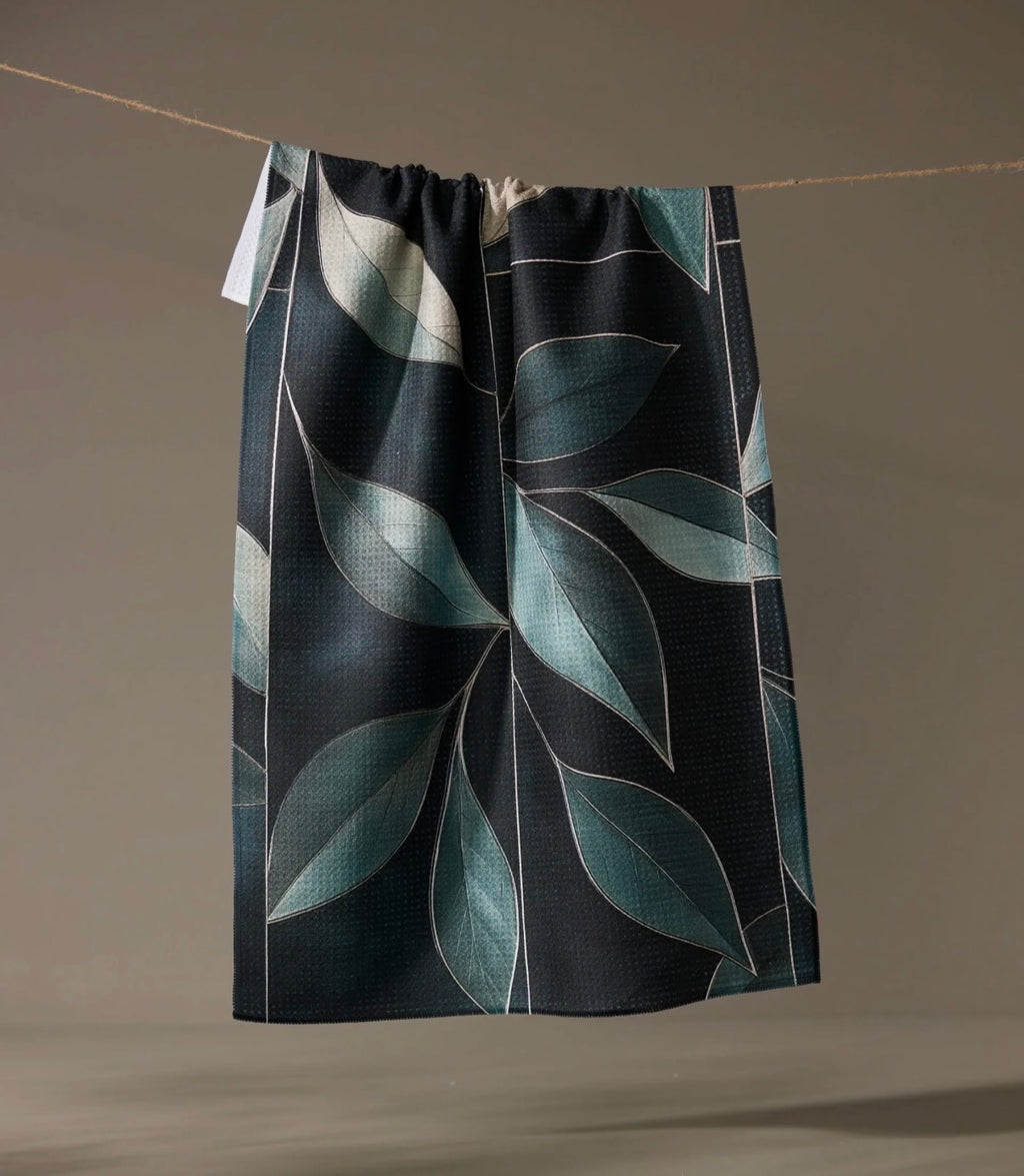 Geometry Kitchen Tea Towel Sage & Black Modern Organic Leaf Botanical Print