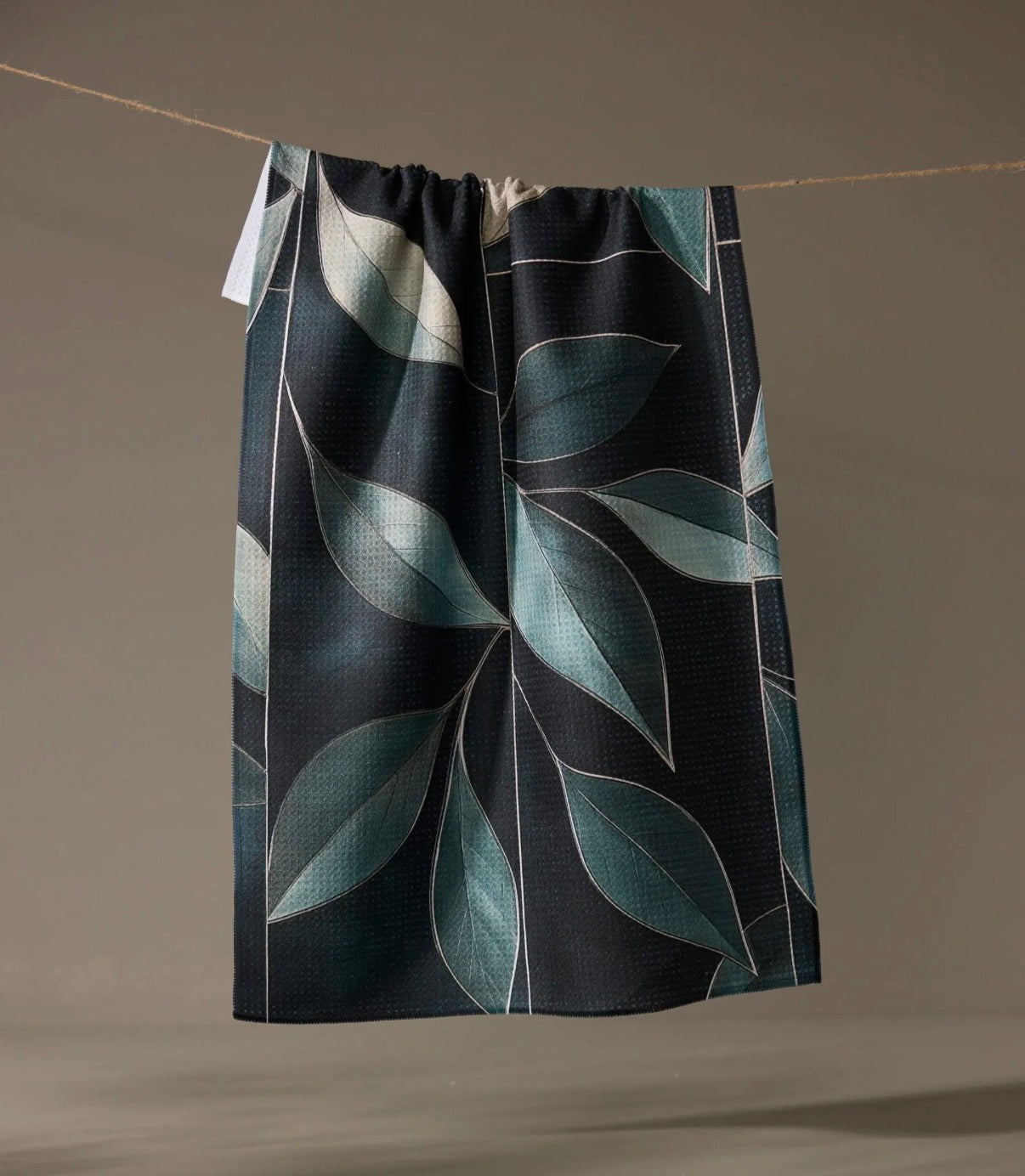 Geometry Kitchen Tea Towel Sage & Black Modern Organic Leaf Botanical Print