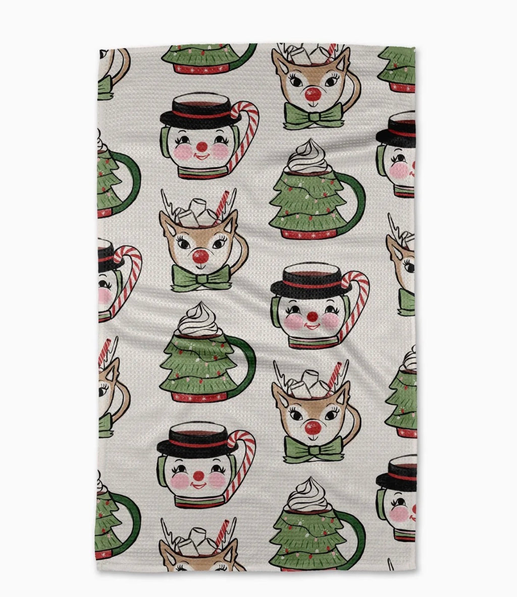 Geometry Vintage Christmas Mugs Kitchen Tea Towel Whimsical Holiday