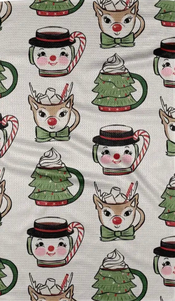 Geometry Vintage Christmas Mugs Kitchen Tea Towel Whimsical Holiday