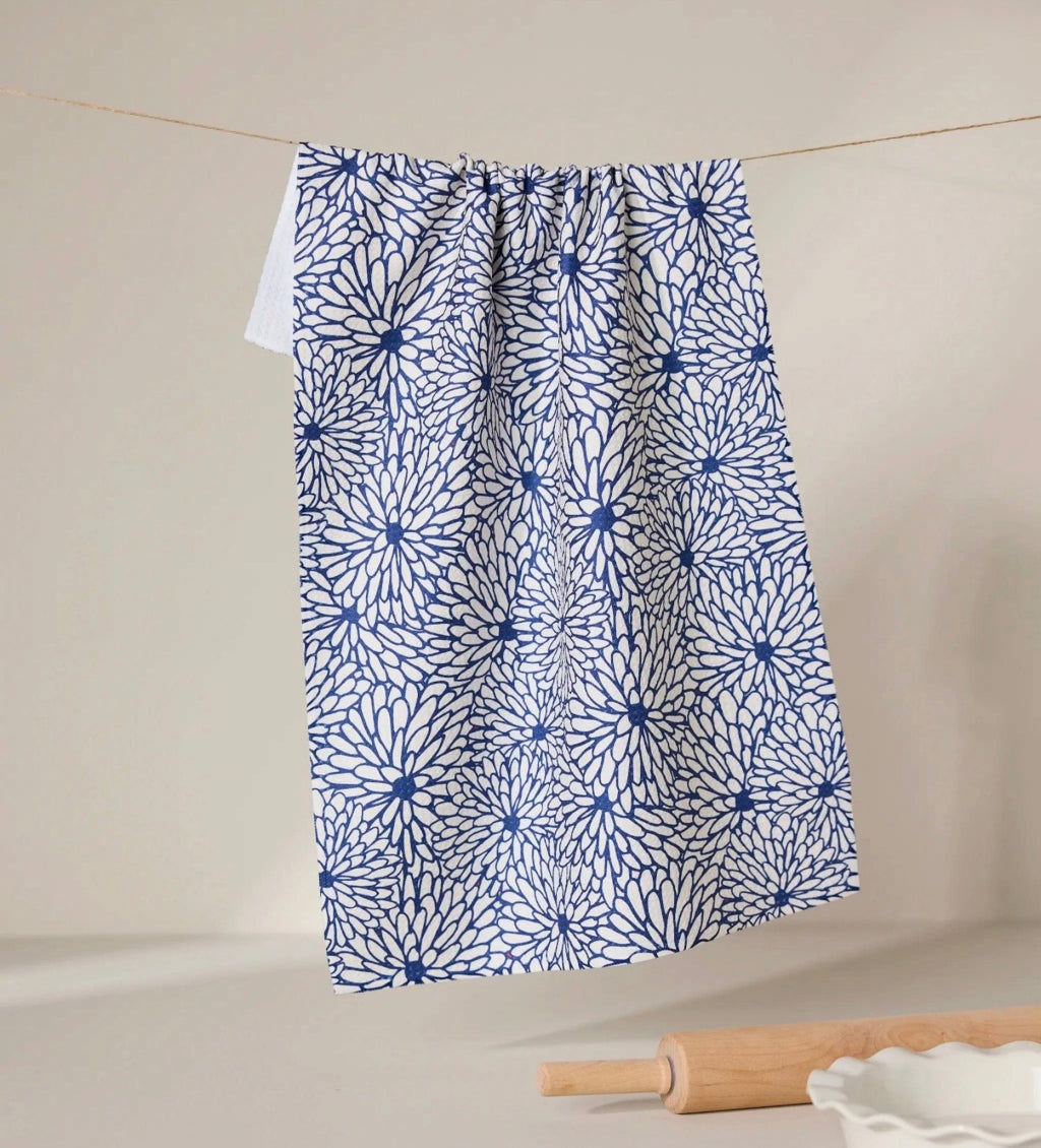 Geometry Jar Jar Kitchen Tea Towel Blue White Mum Floral Print Classic Style Decor