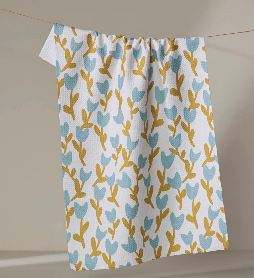 Geometry Tulip Garden Kitchen Tea Towel Blue Gold Floral Print Modern Cottage