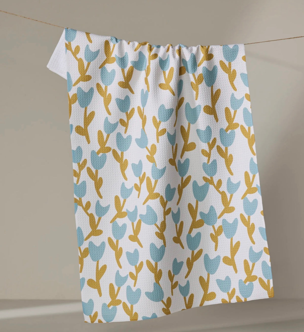 Geometry Tulip Garden Kitchen Tea Towel Blue Gold Floral Print Modern Cottage