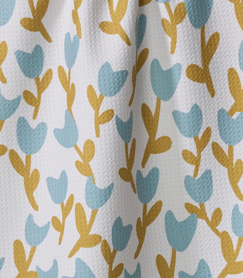Geometry Tulip Garden Kitchen Tea Towel Blue Gold Floral Print Modern Cottage