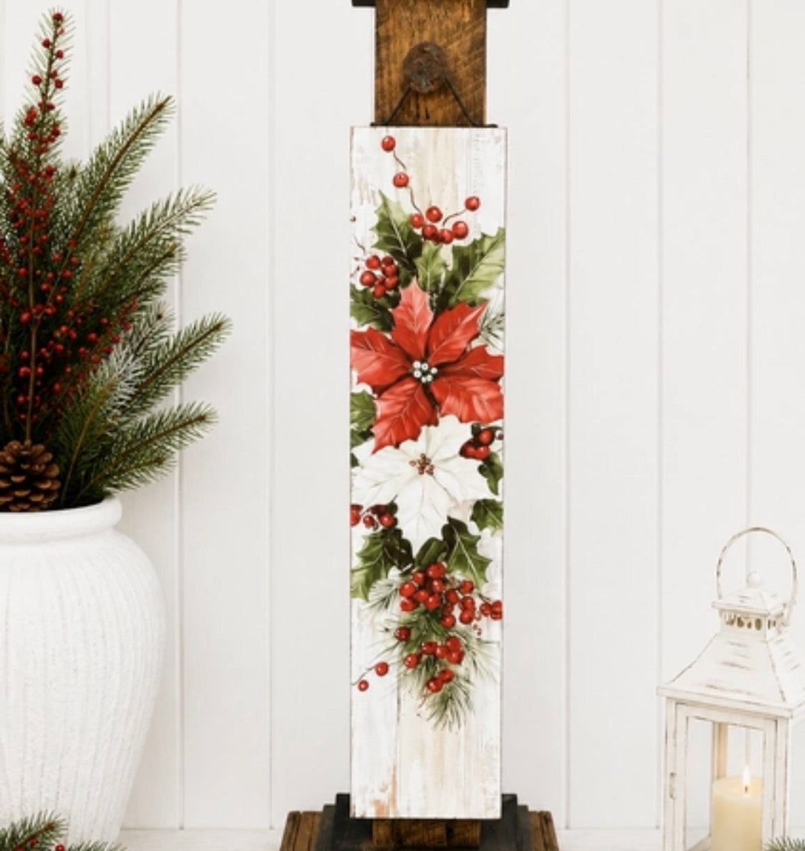 Poinsettia Hanging Porch Sign Art Christmas Holiday Traditional Decor