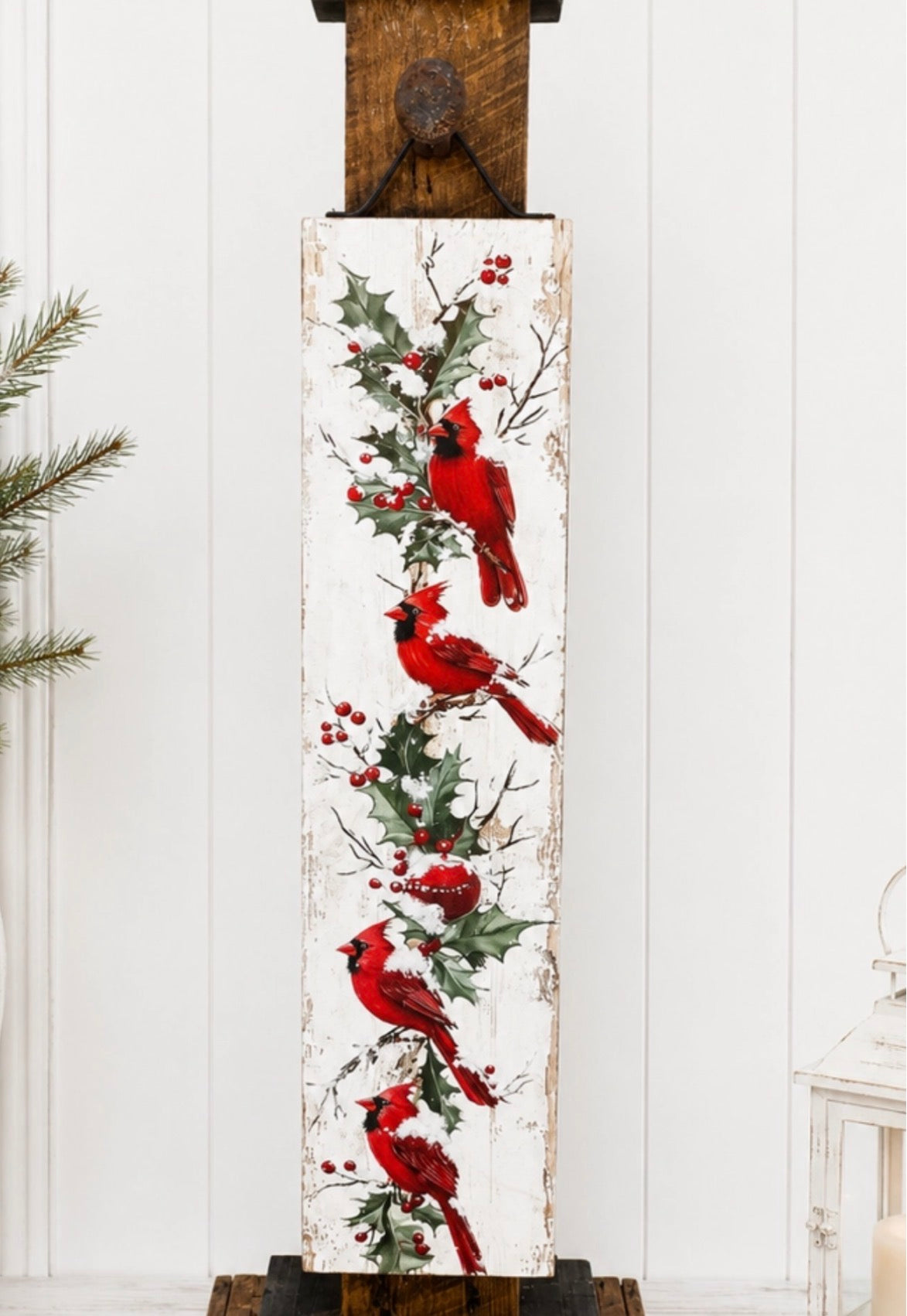 Winter Cardinals Holly Berry Hanging Porch Sign Art Christmas Holiday Traditional Decor
