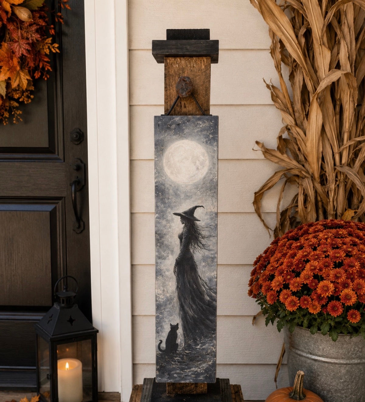 Moonlit Witch Black Cat Hanging Porch Sign Art Rustic Halloween Decor